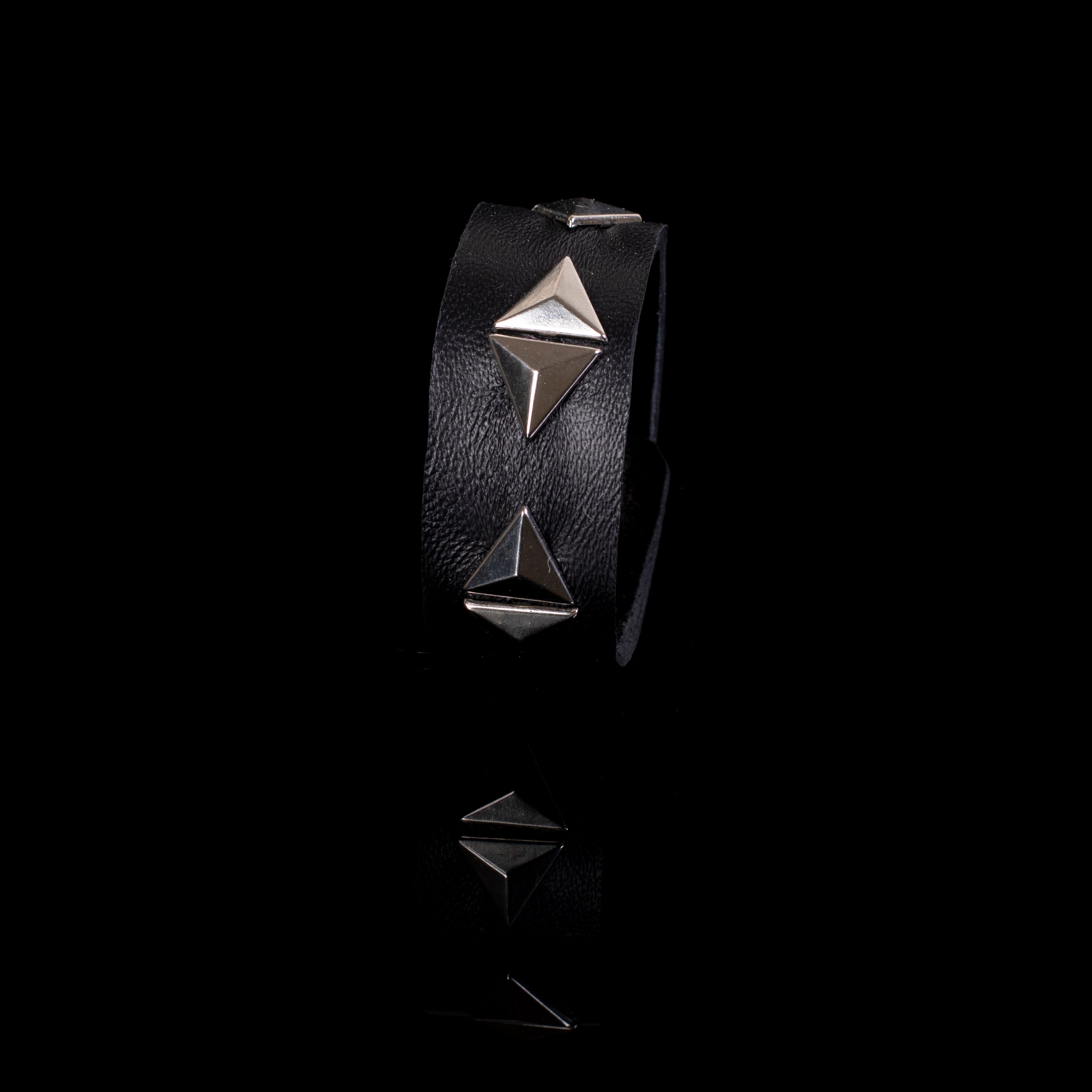 Black leather cuff bracelet with silver pyramid studs, minimal geometric statement bracelet for women