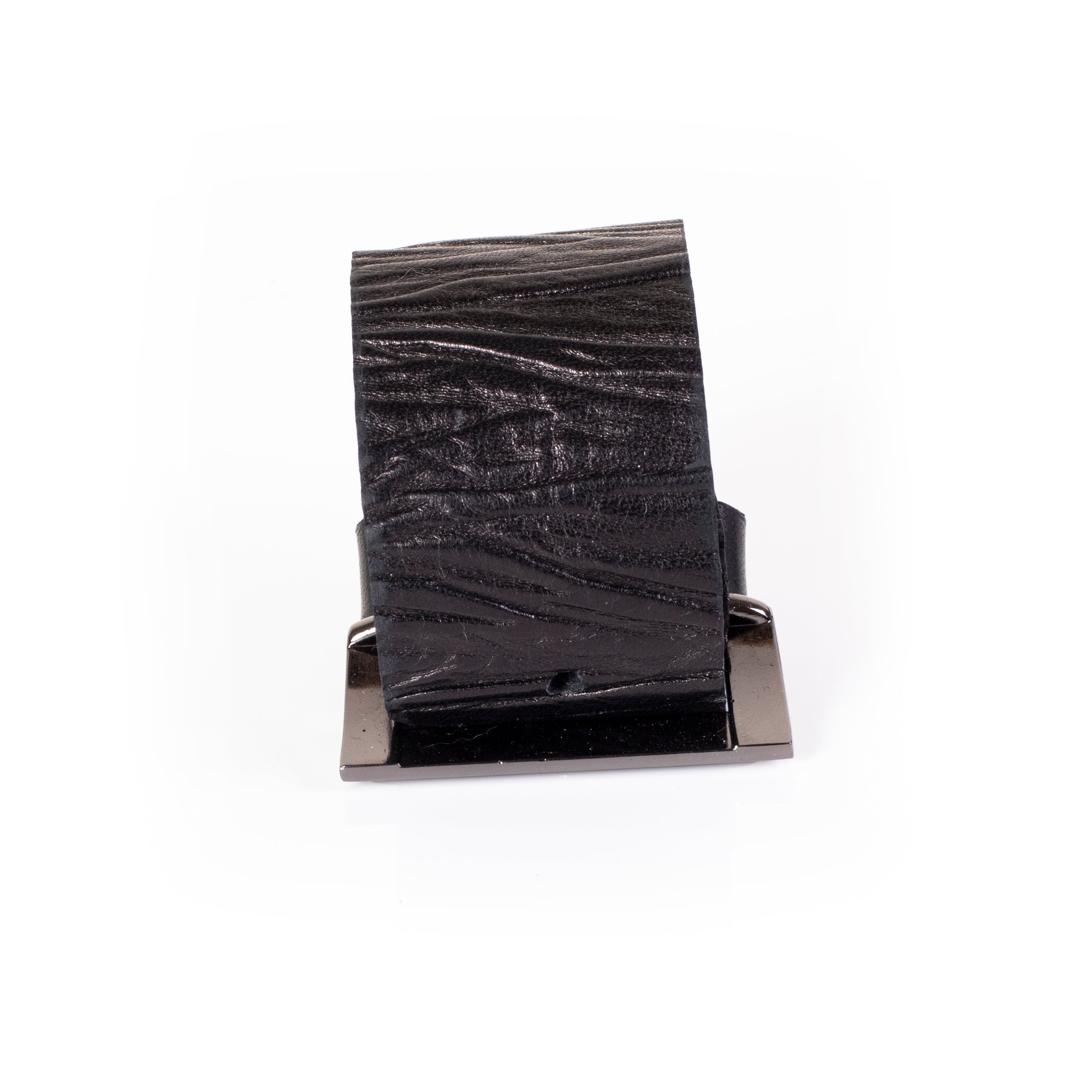 Wide black leather cuff bracelet with natural textured finish, minimalist handcrafted statement piece