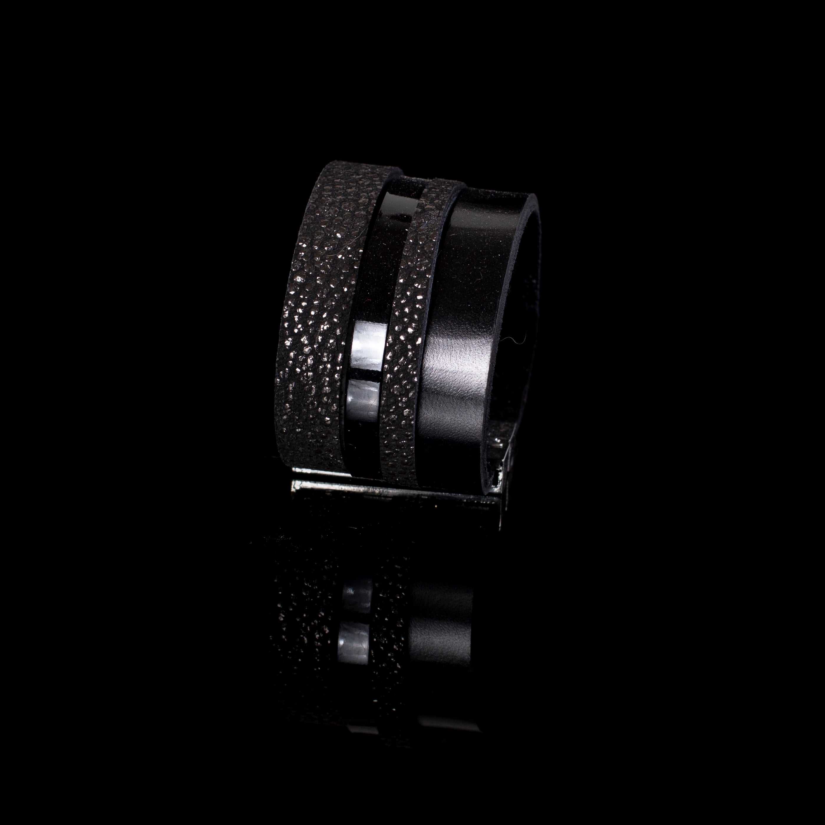Black leather cuff bracelet with dual textured bands and glossy center strip, wide statement bracelet for women