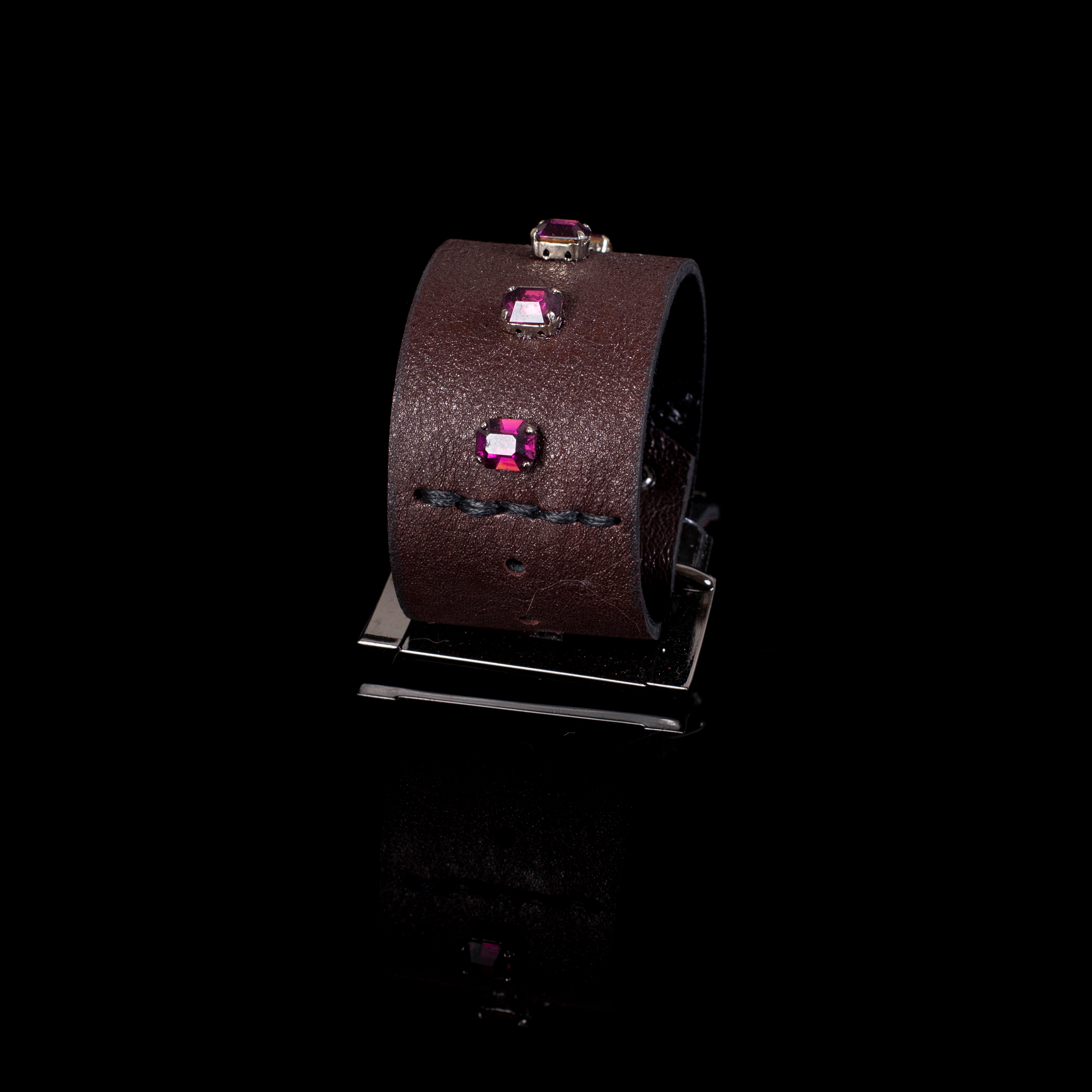 Brown leather cuff bracelet with pink crystal stones and minimalist design, handcrafted wide statement bracelet for women