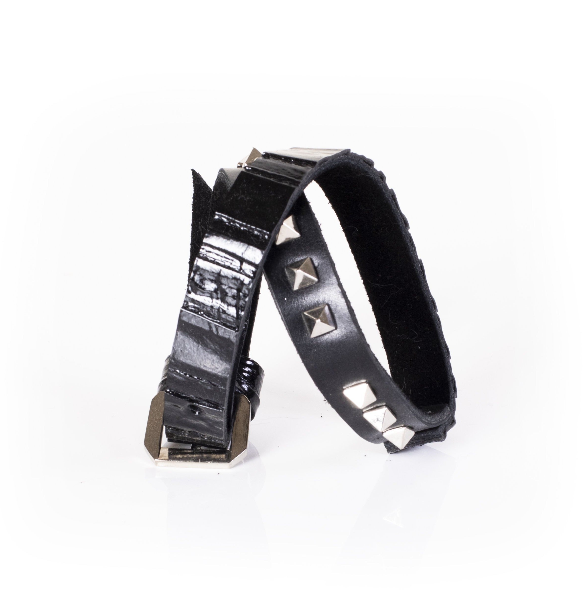 Black leather double wrap bracelet with glossy patent strap and silver studded band, handcrafted layered statement bracelet for women by THE DARK
