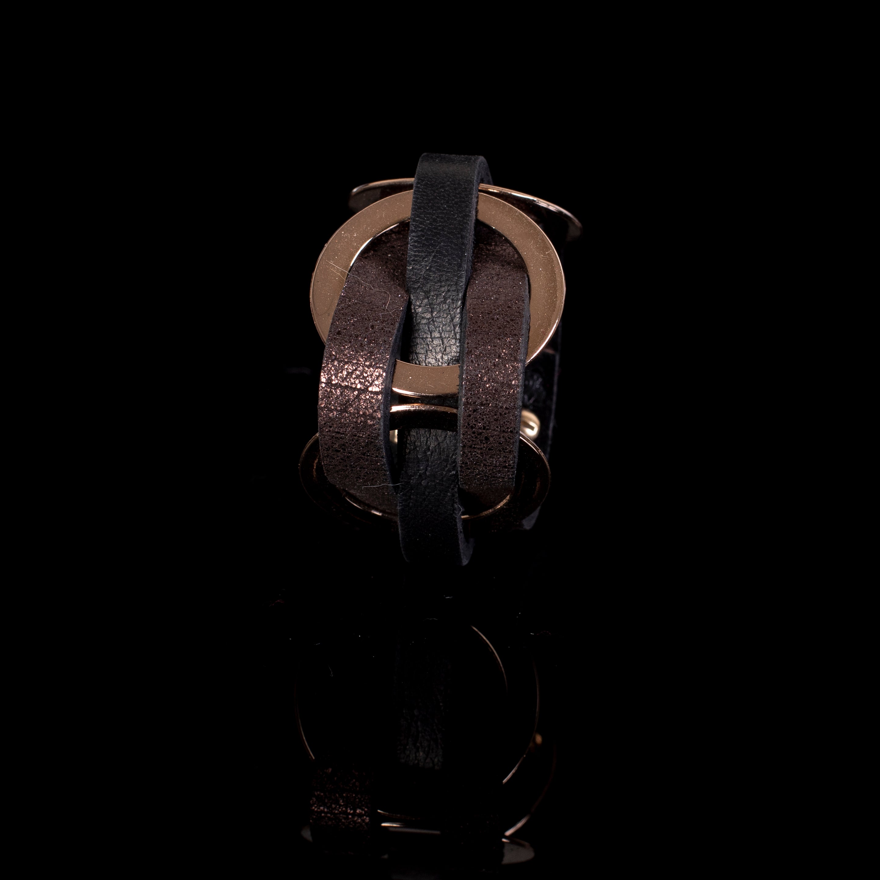 Black and brown leather cuff bracelet with gold rings, layered statement bracelet for women