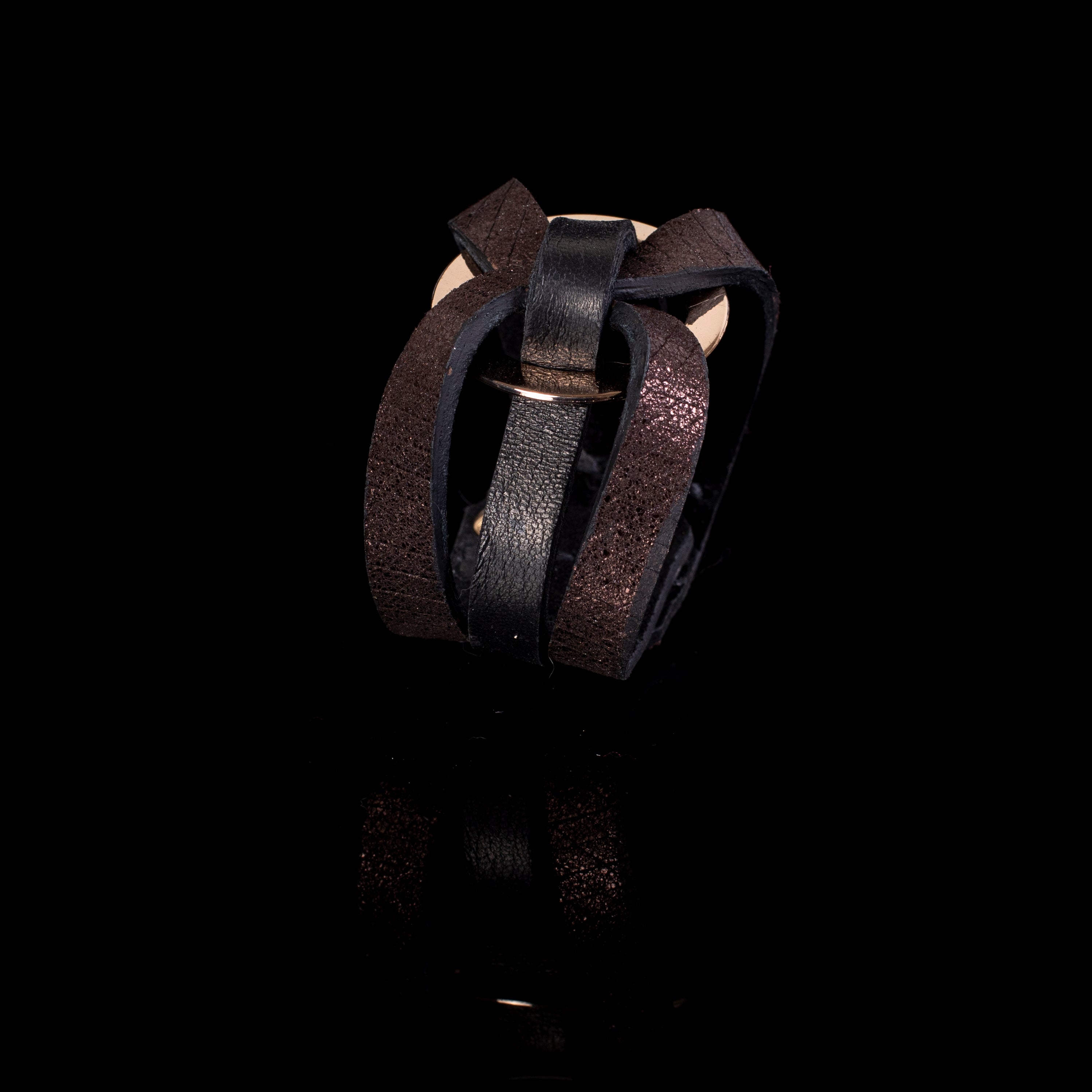 Brown metallic and black leather bracelet with interwoven straps and gold ring detail, edgy layered cuff bracelet for women
