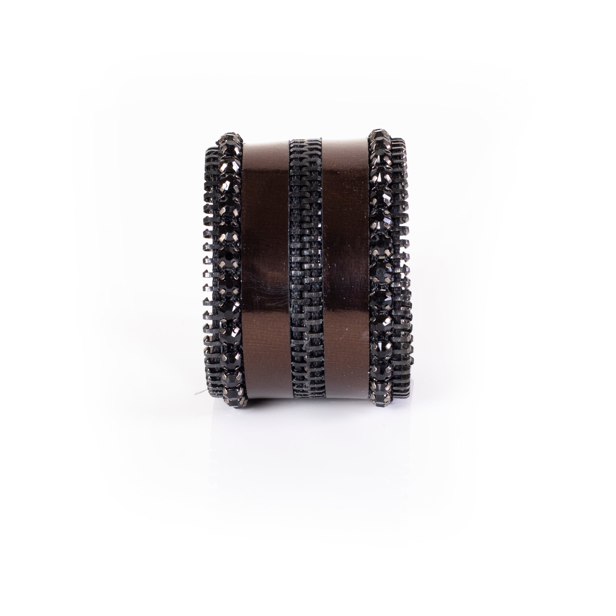 Black leather cuff bracelet with bronze metallic bands, black crystals and zipper edge detail, wide handcrafted statement bracelet for women