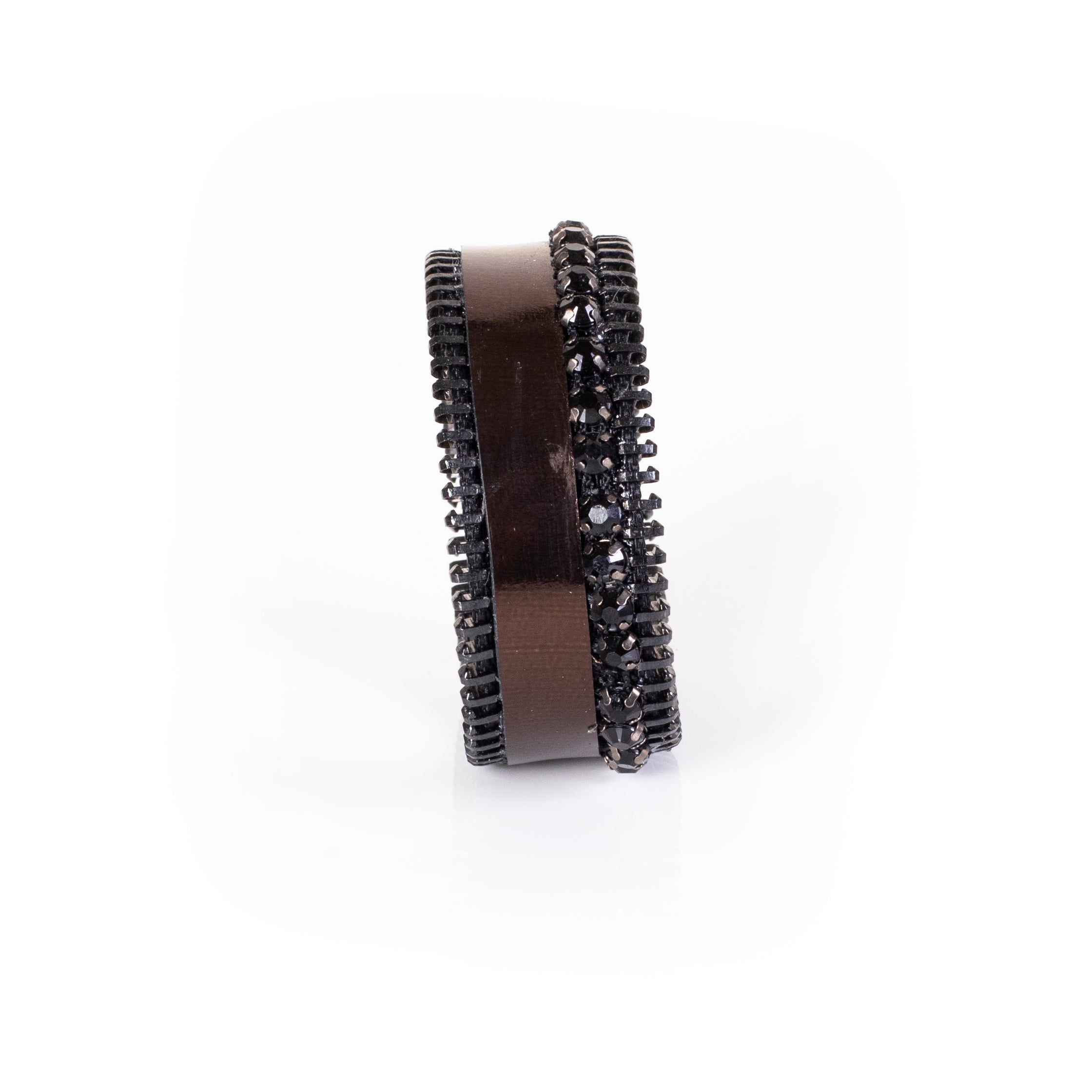 Black leather cuff bracelet with bronze metallic band, black crystal detail and zipper edge, handcrafted wide statement bracelet for women