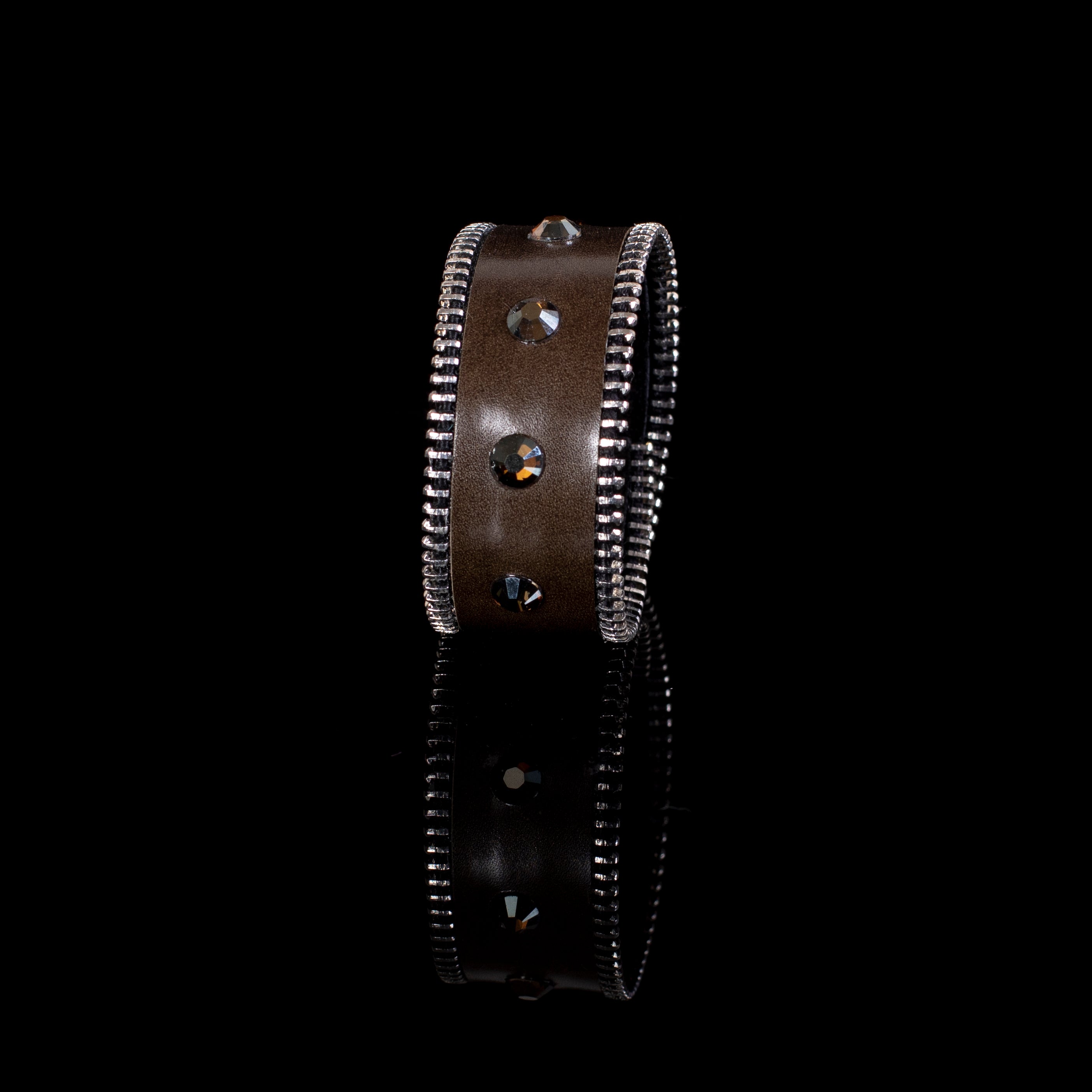 Brown Leather Cuff Bracelet with Crystal Studs & Zipper Edge – Wide Statement Bracelet
