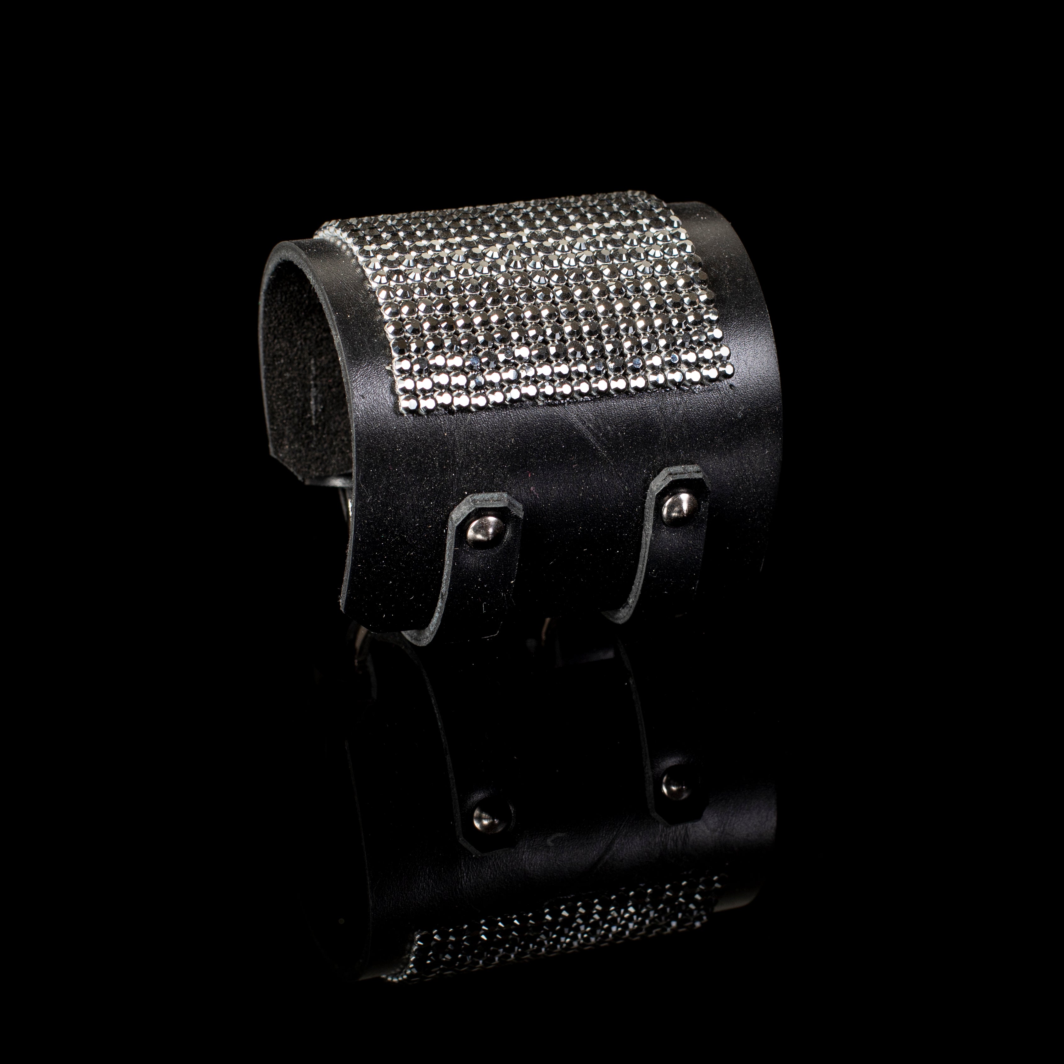 Black leather cuff bracelet with silver crystal panel and smooth wide band, handcrafted luxury statement bracelet for women by THE DARK