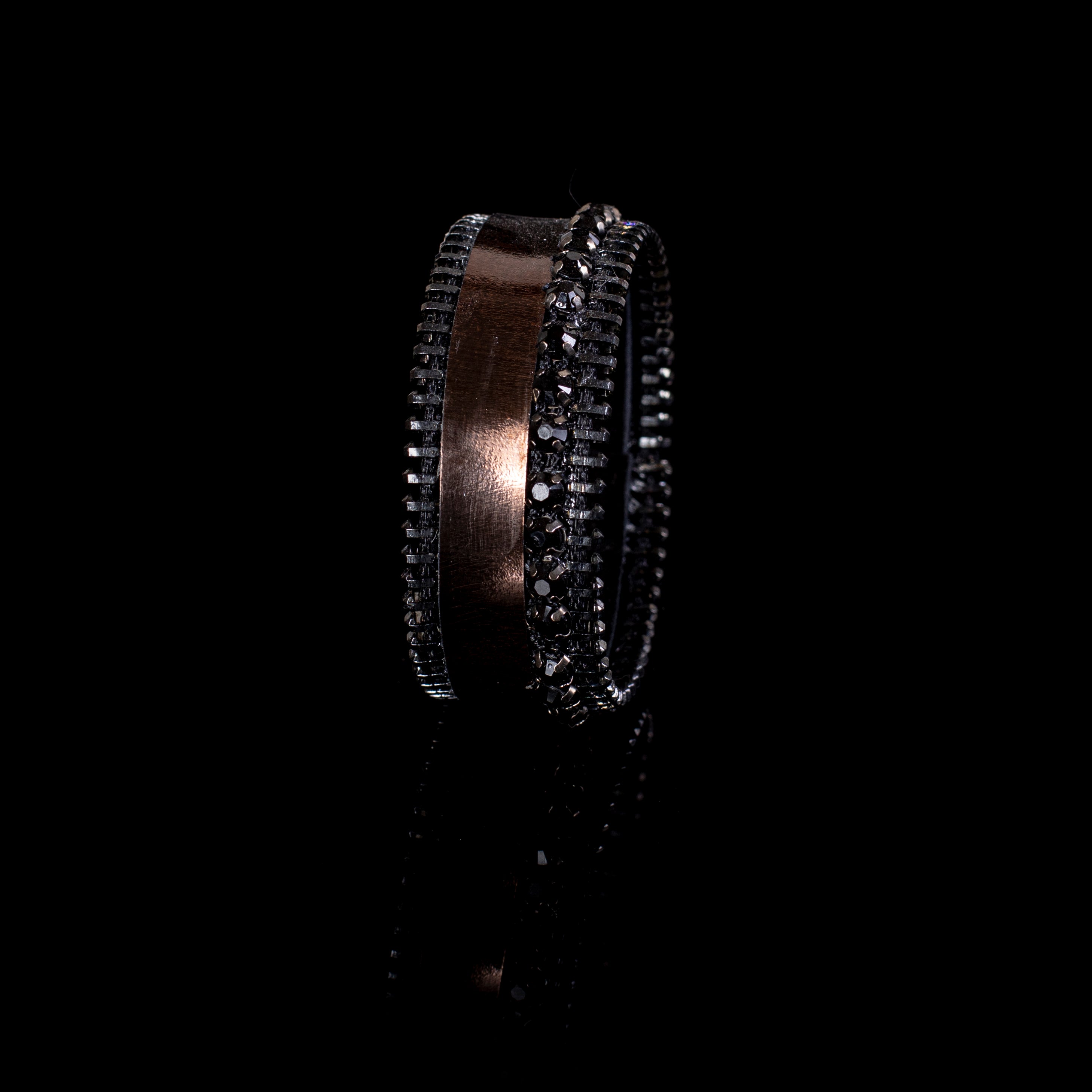 Black leather cuff bracelet with bronze metallic band, black crystal detail and zipper edge, handcrafted wide statement bracelet for women