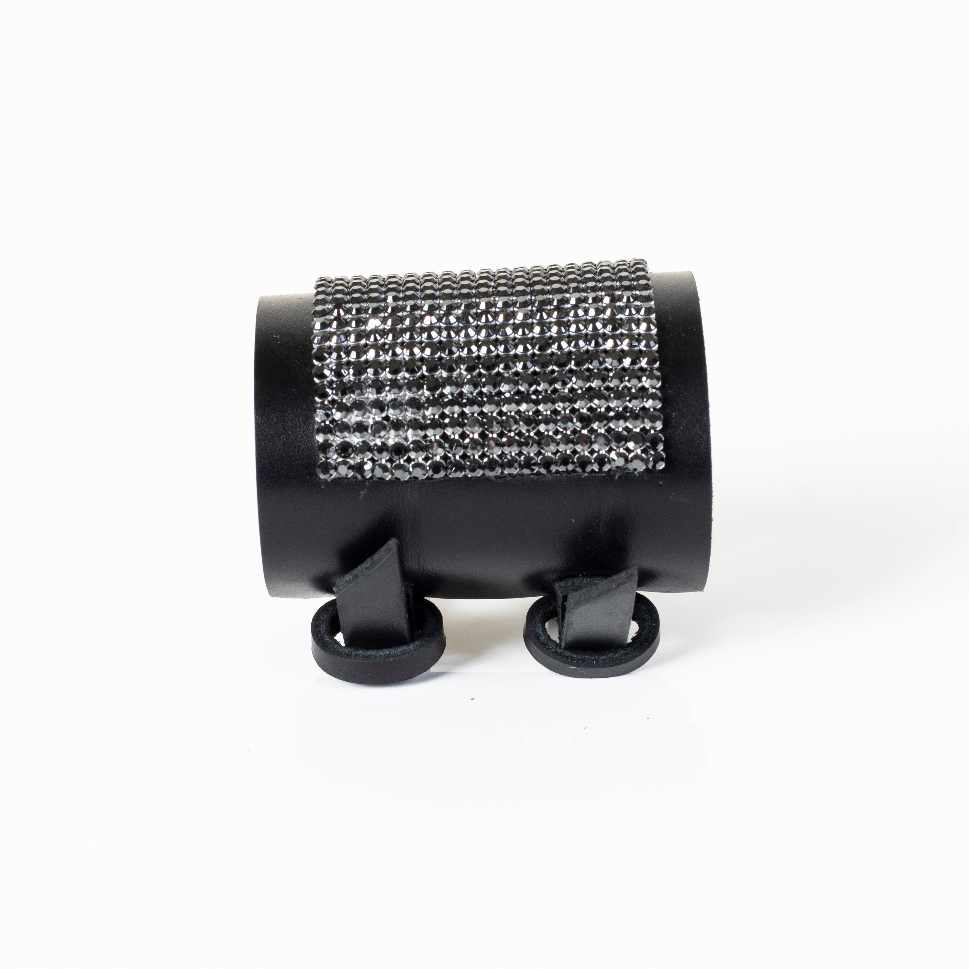 Black leather cuff bracelet with silver crystal panel and smooth wide band, handcrafted luxury statement bracelet for women by THE DARK
