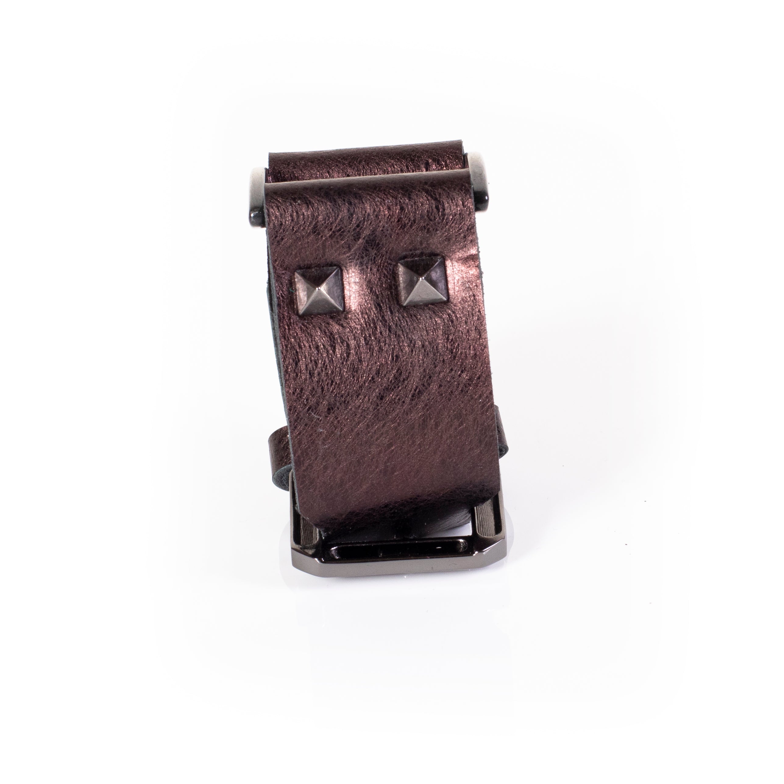Bronze metallic leather cuff bracelet with pyramid studs and layered design, handcrafted wide statement bracelet for women
