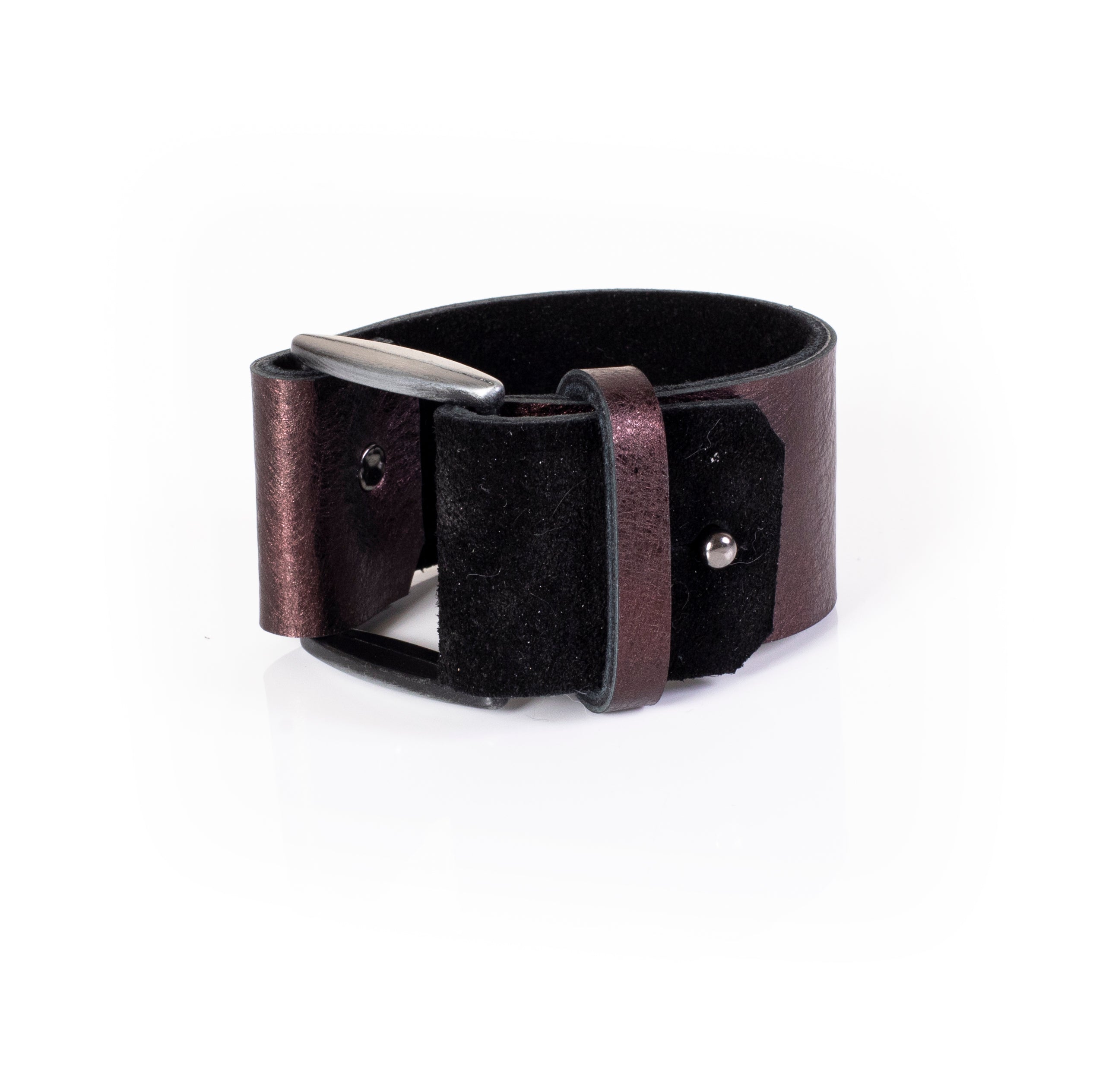 Bronze metallic leather cuff bracelet with pyramid stud and buckle closure, handcrafted wide minimalist statement bracelet for women
