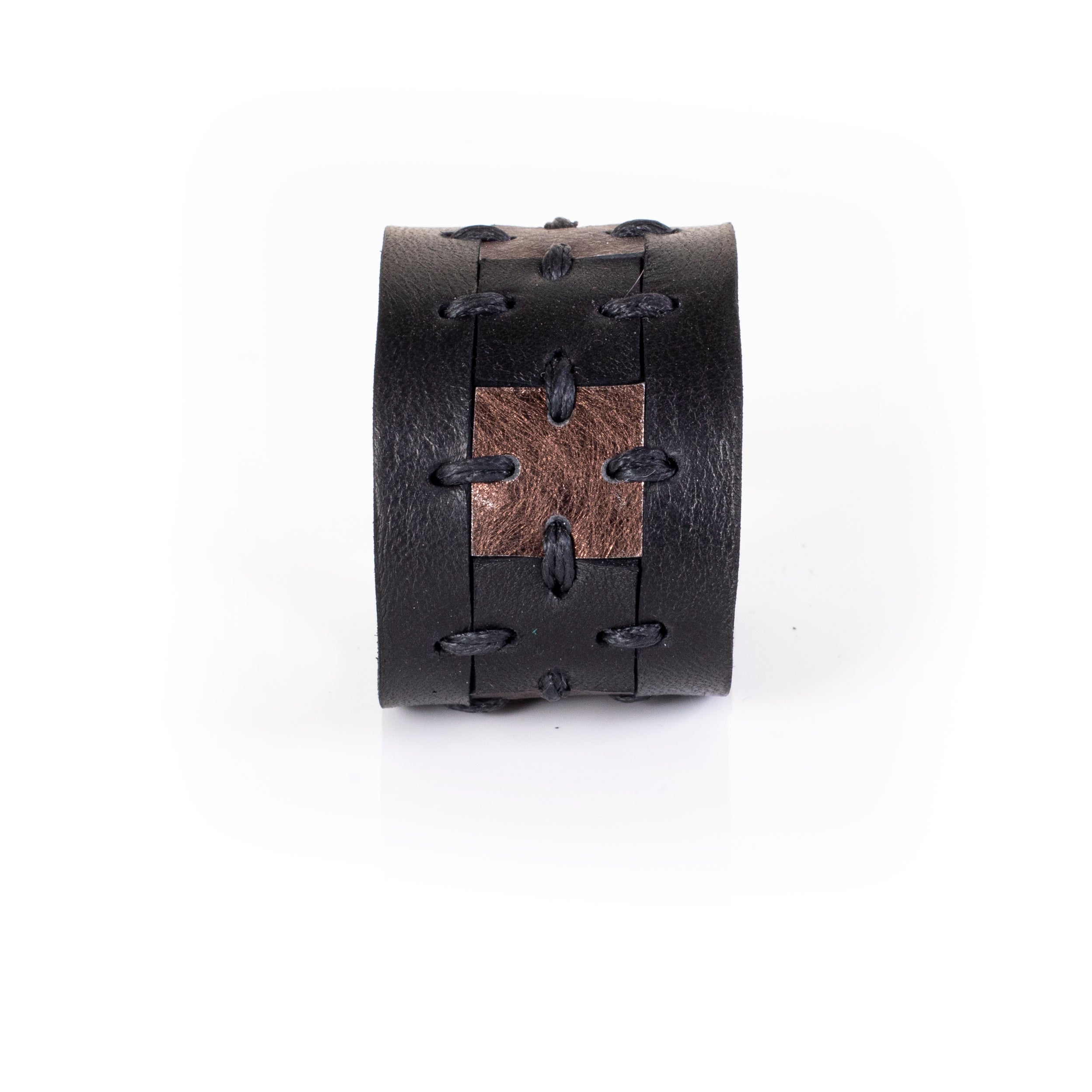 Black leather cuff bracelet with bronze center panel and visible hand stitching, handcrafted wide statement bracelet for women by THE DARK