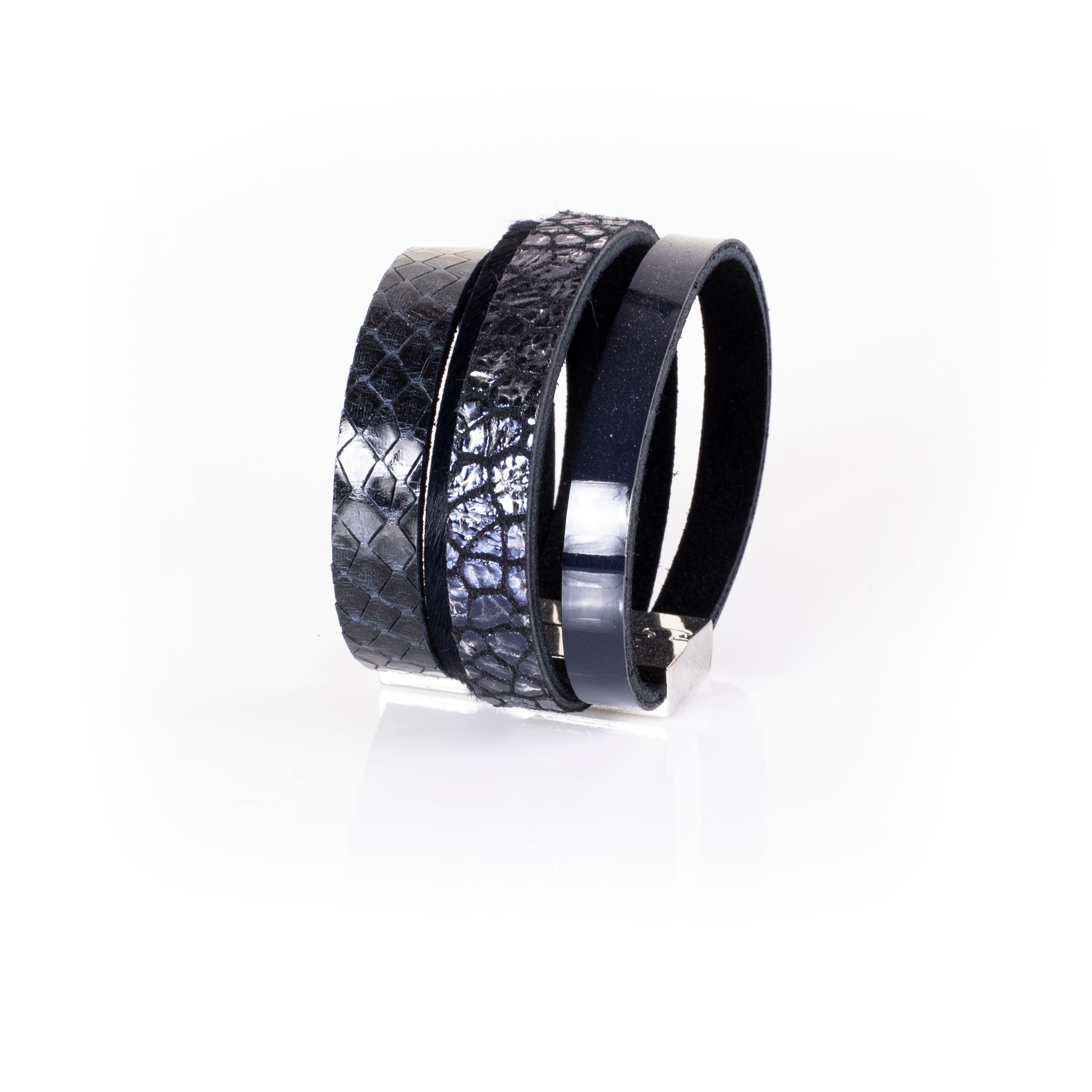 Black leather layered cuff bracelet with python textured straps and glossy band detail, handcrafted minimalist statement bracelet for women by THE DARK