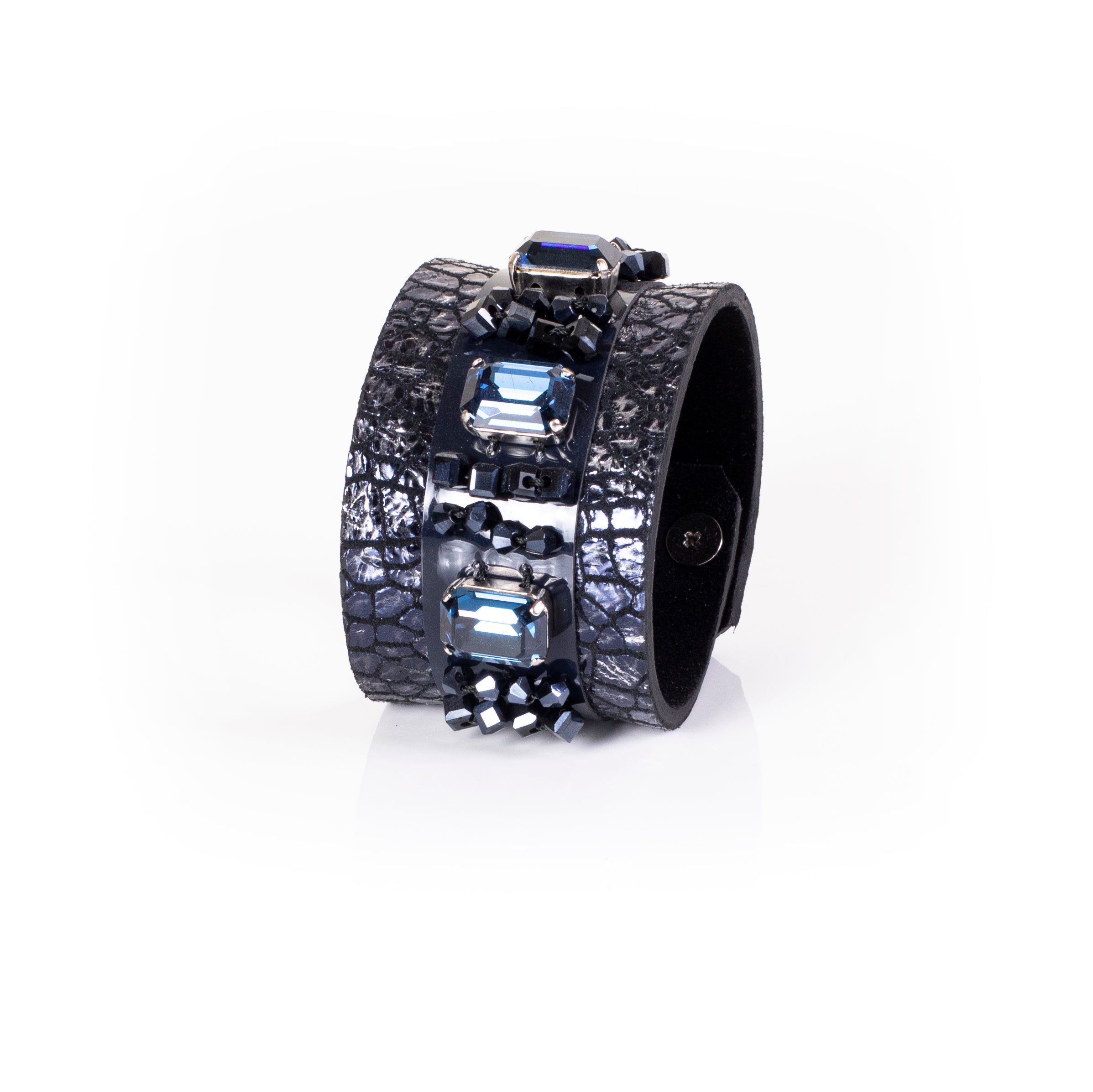 Black python leather cuff bracelet with blue faceted crystals and black bead clusters, handcrafted luxury statement bracelet for women by THE DARK