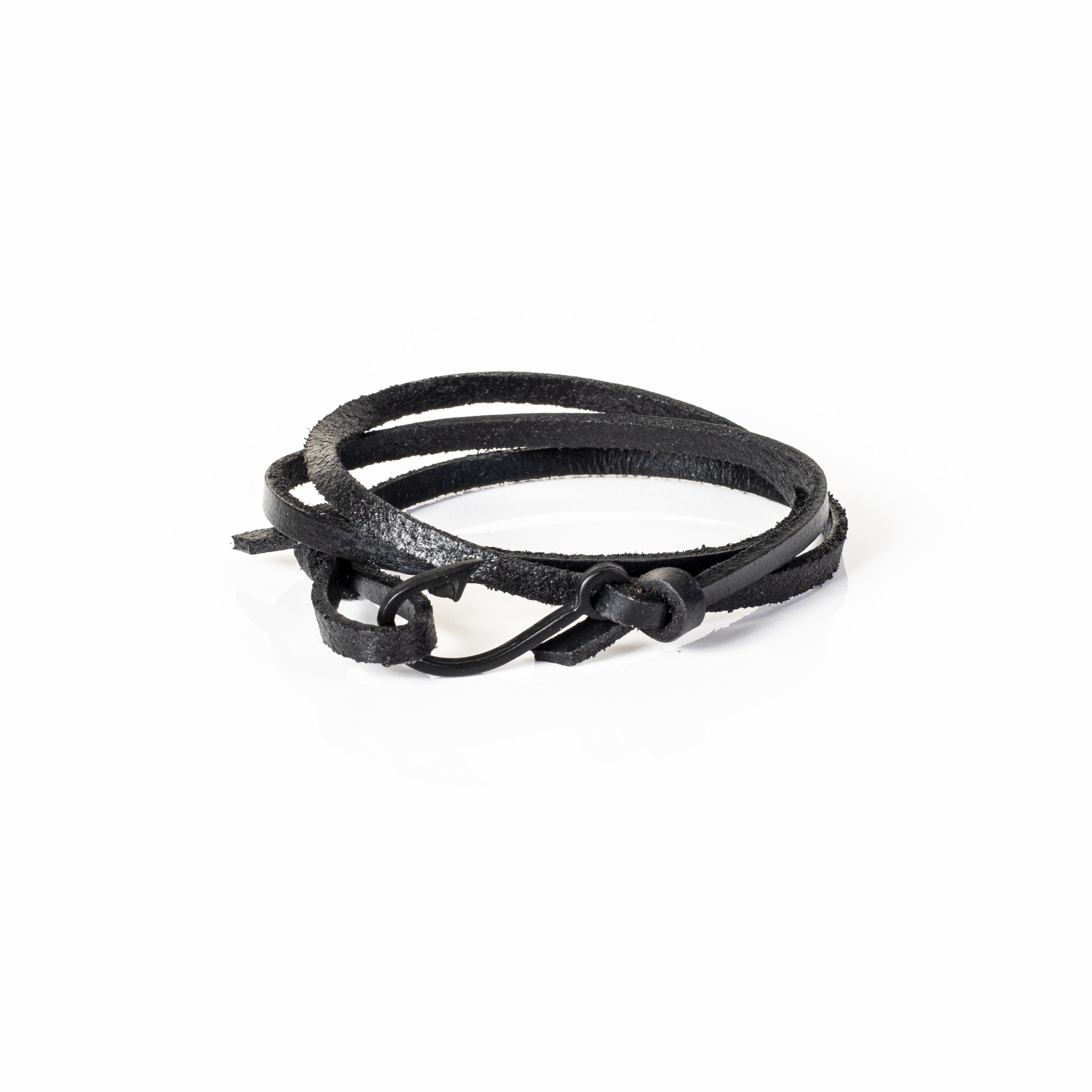 Handmade black leather wrap bracelet featuring multiple leather strands and a black hook clasp in a minimalist design.