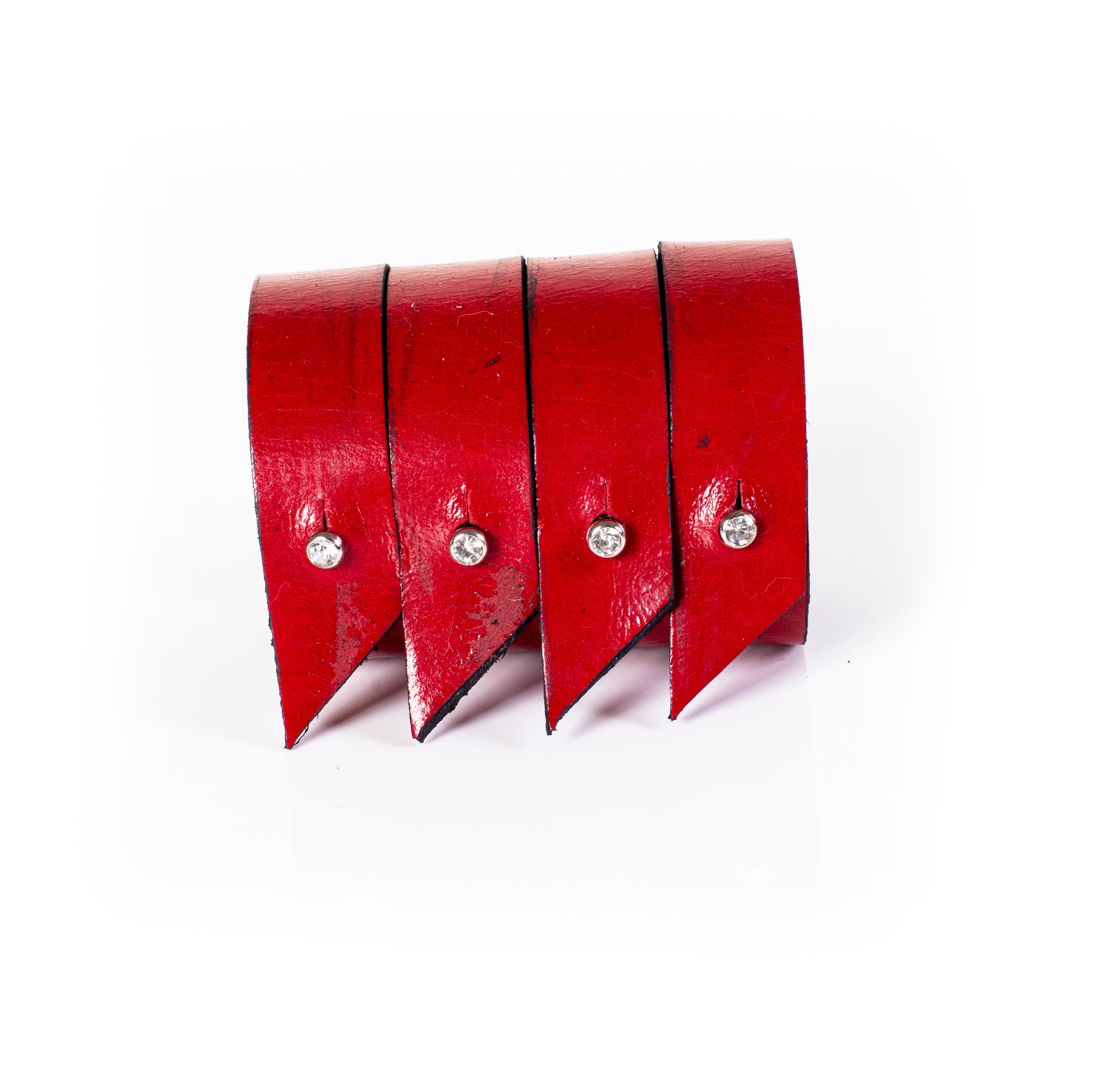 Red leather cuff bracelet with layered pointed panels and crystal studs, handcrafted wide statement bracelet for women