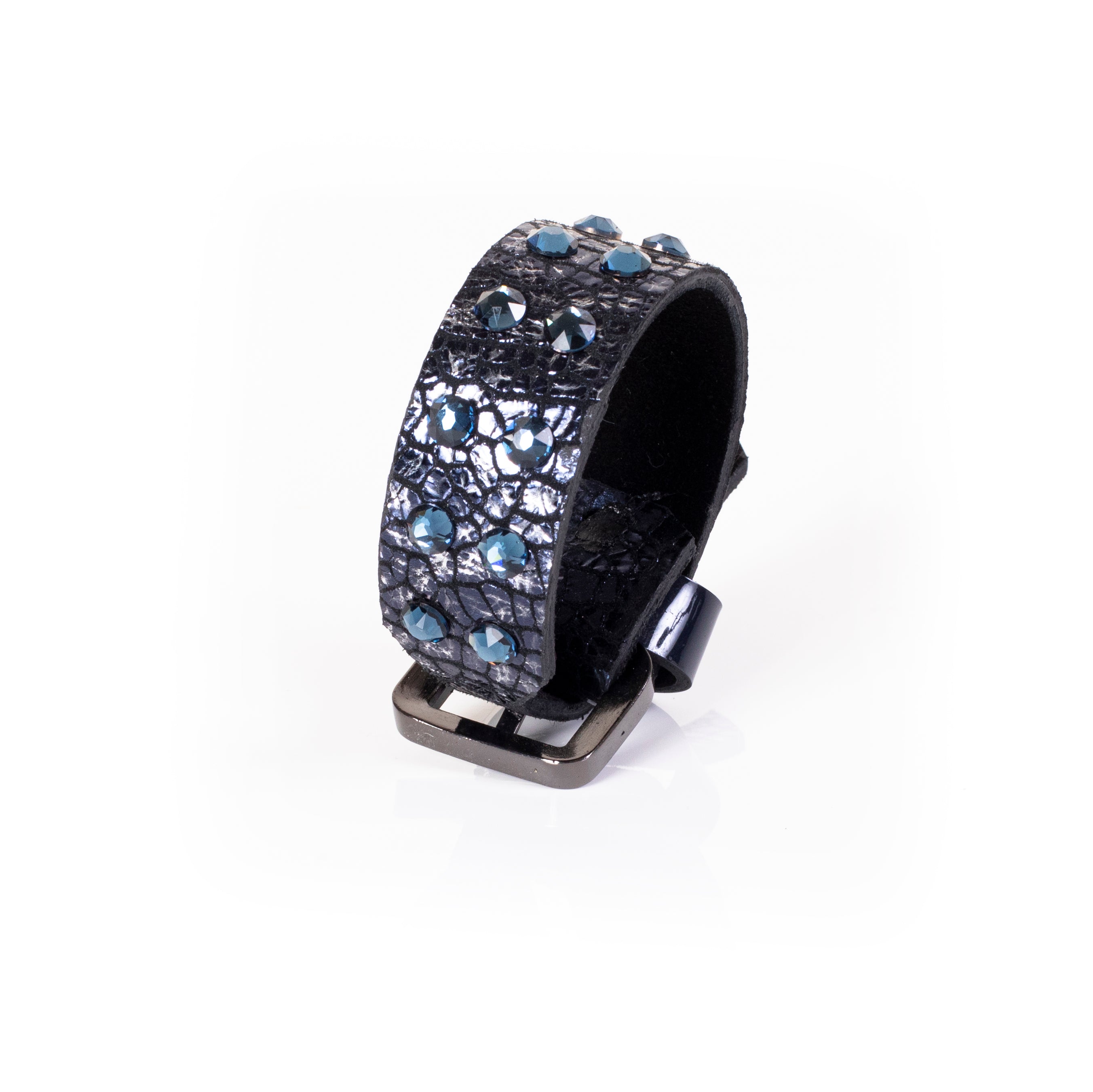 Black python leather cuff bracelet with blue round crystals on textured surface, handcrafted wide statement bracelet for women by THE DARK