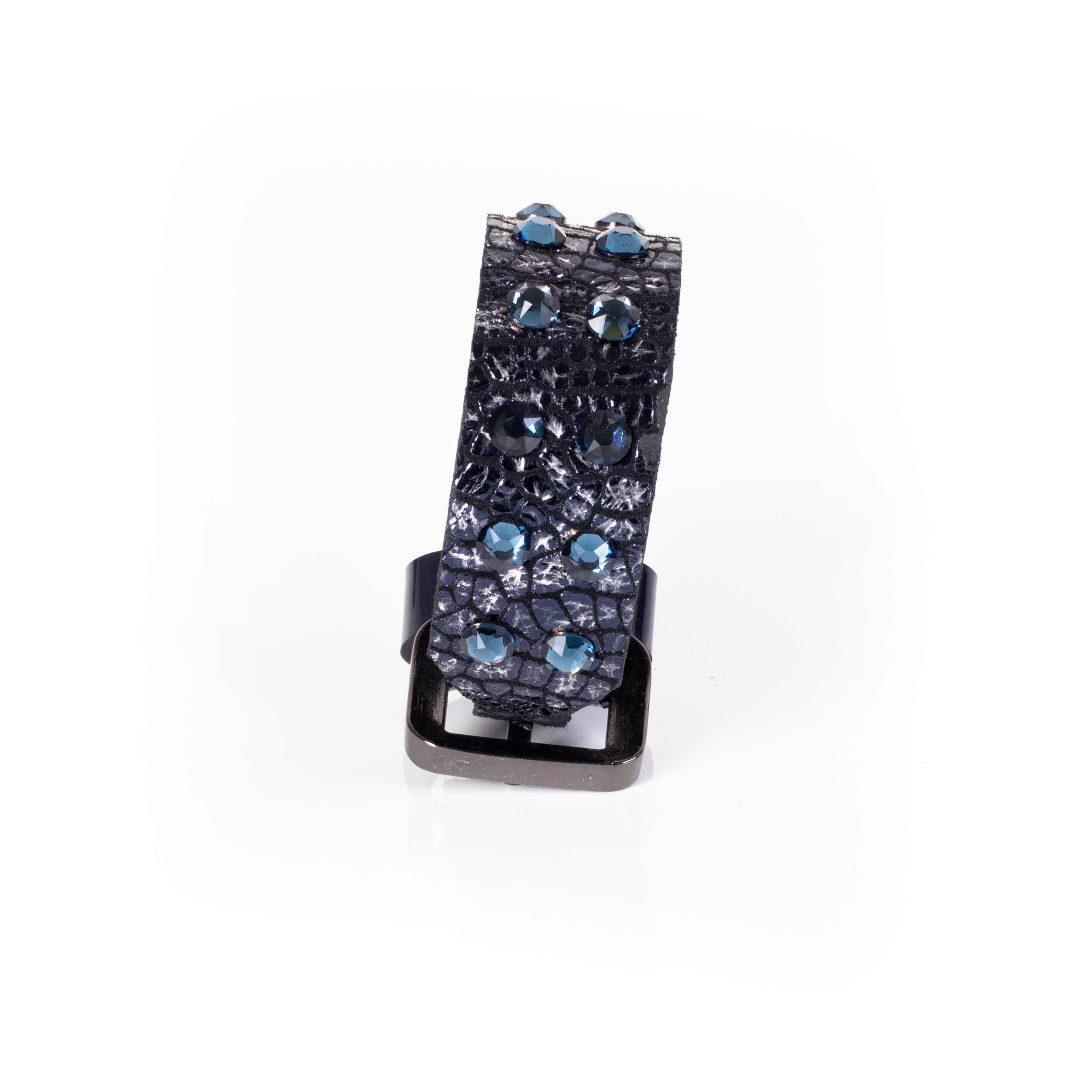 Black python leather cuff bracelet with blue round crystals on textured surface, handcrafted wide statement bracelet for women by THE DARK