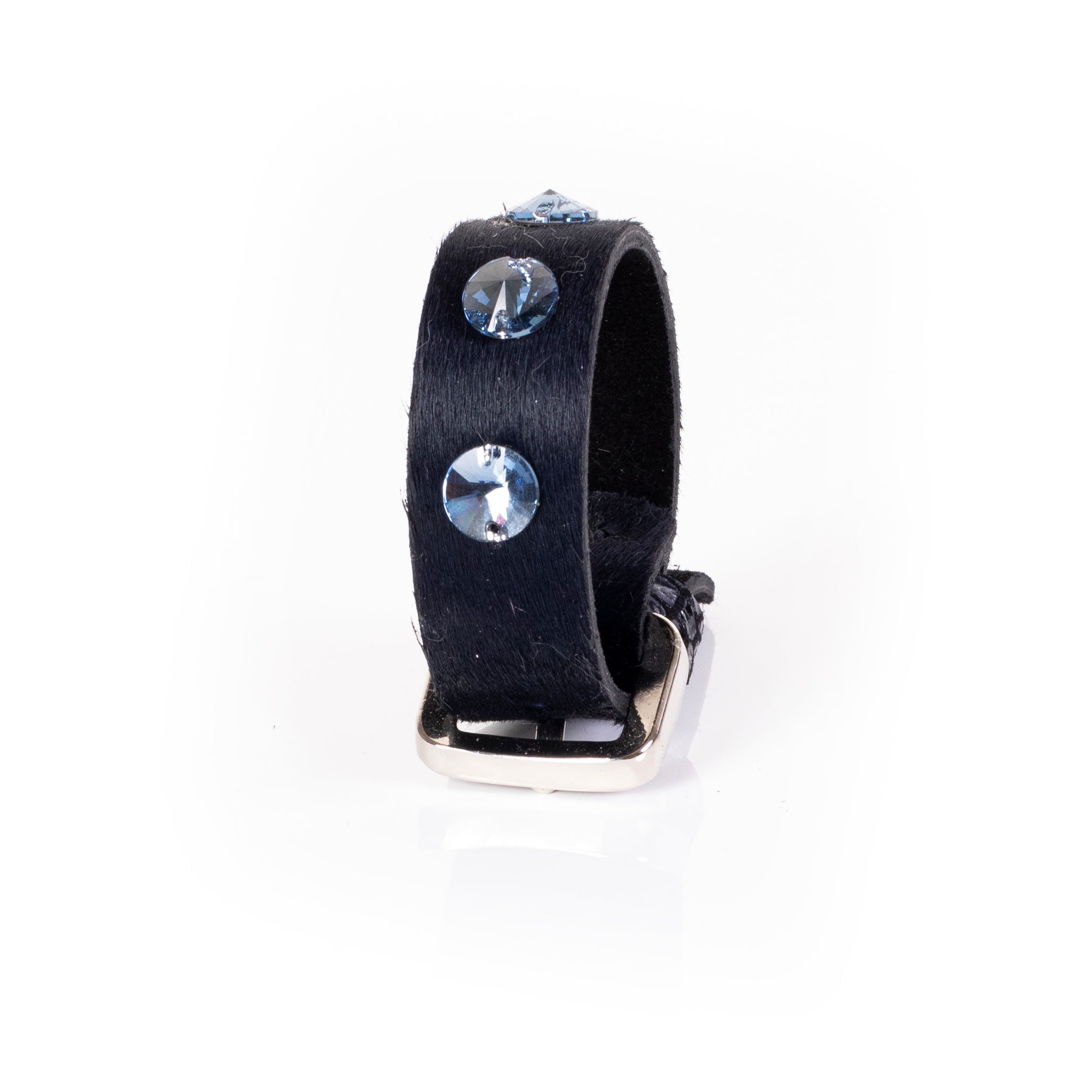 Black haircalf leather cuff bracelet with blue round crystals, handcrafted minimalist statement bracelet for women by THE DARK