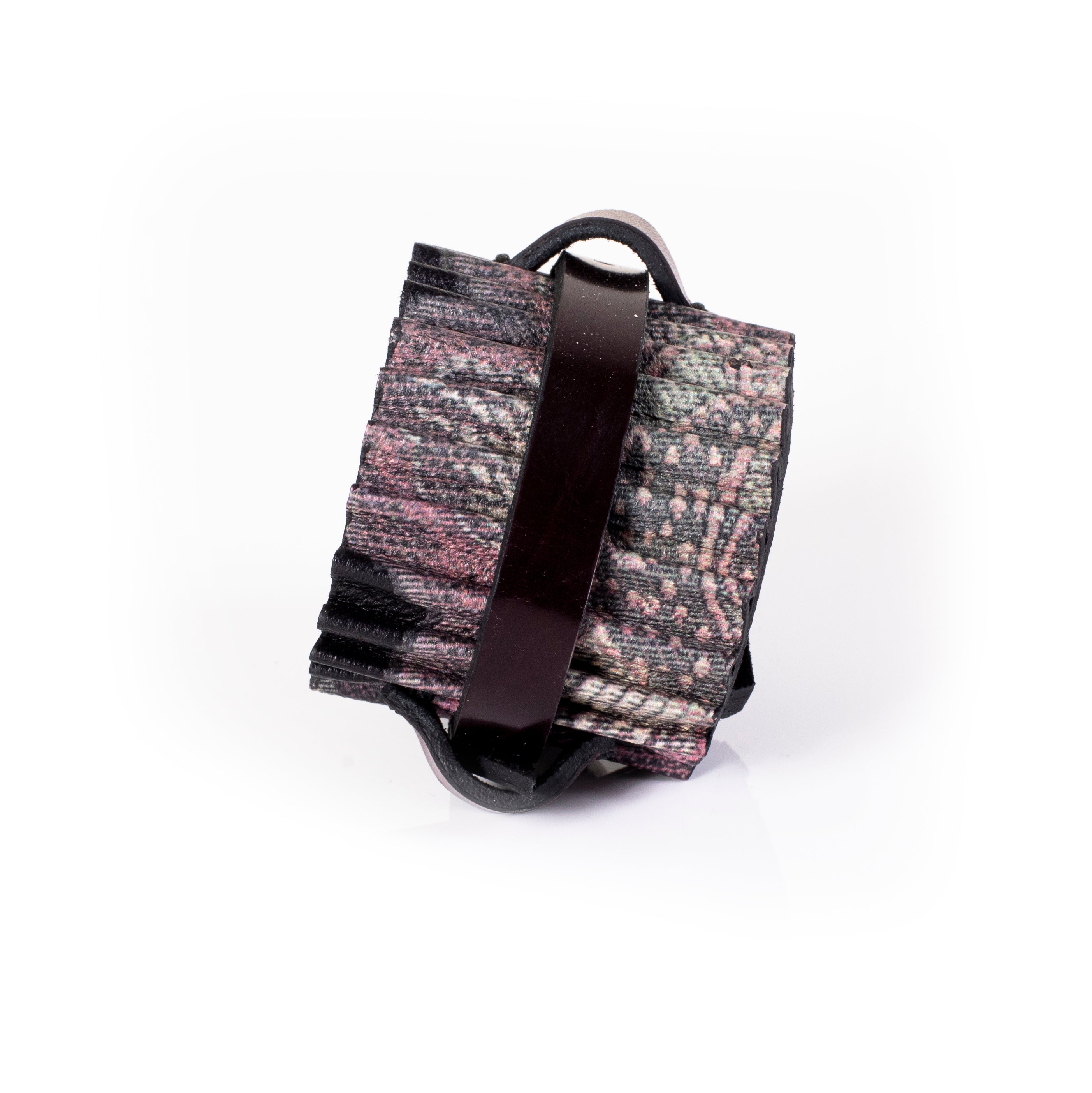 Brown leather cuff bracelet with pleated fabric texture and central strap, handcrafted wide statement bracelet for women