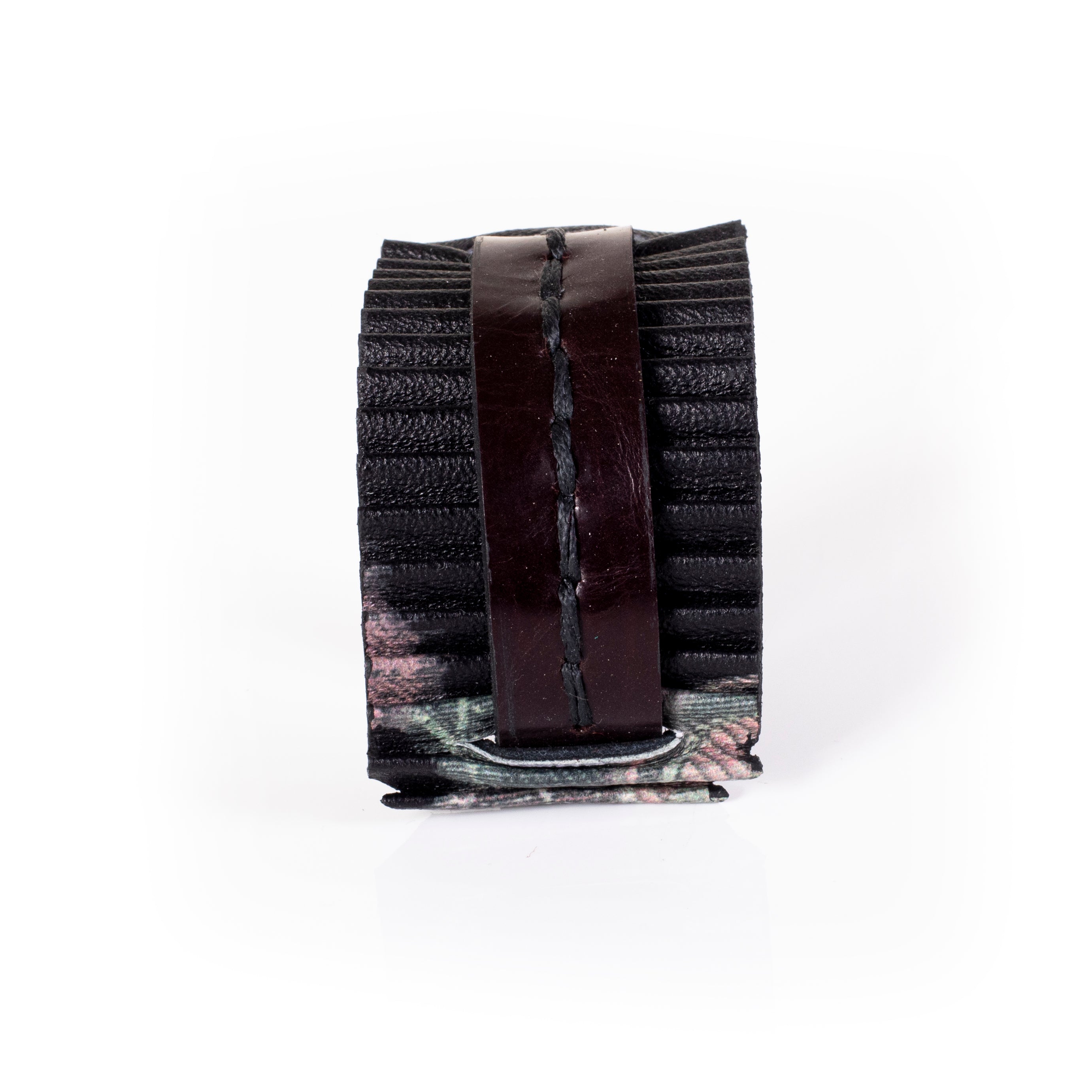 Black pleated leather cuff bracelet with central stitched strap, wide textured statement bracelet for women