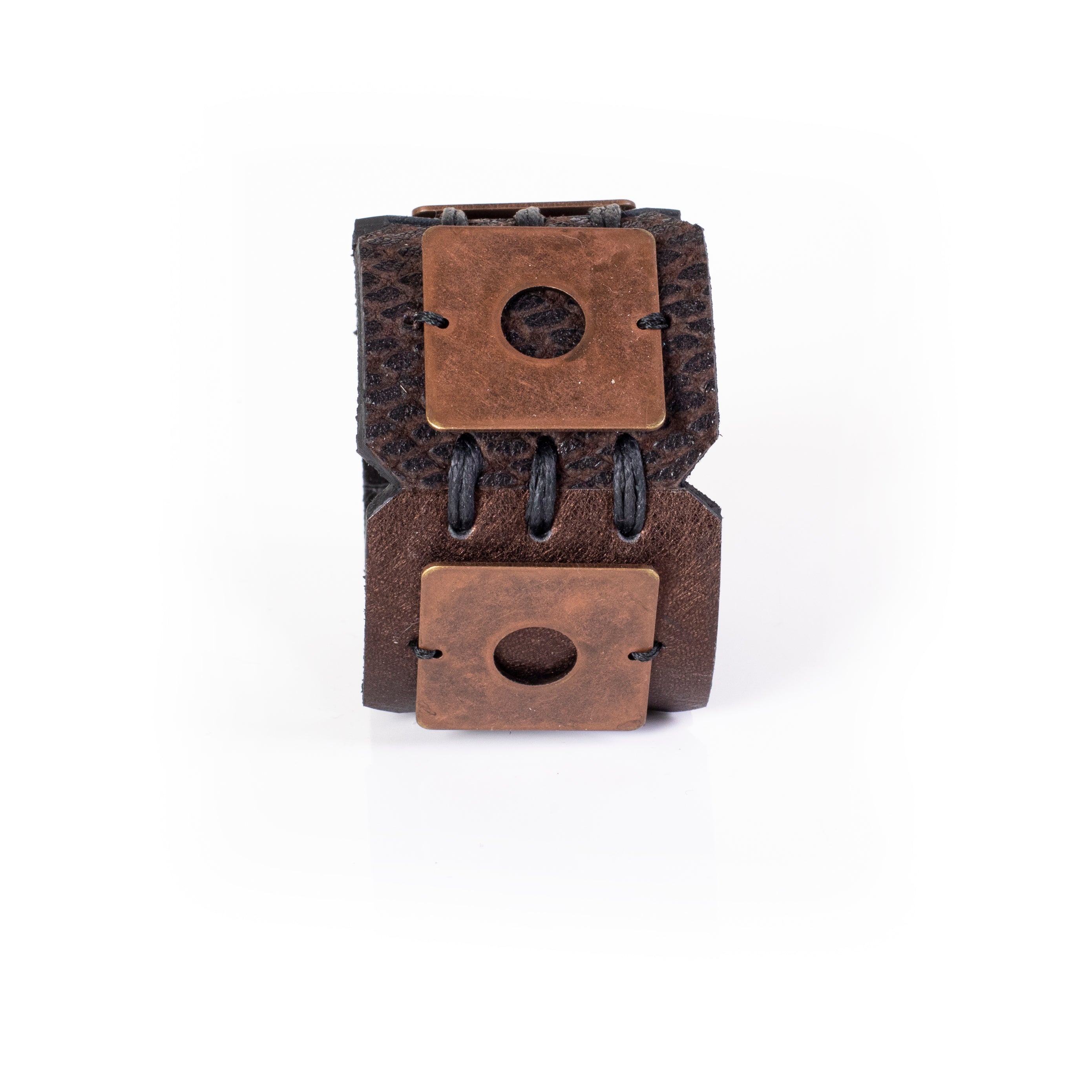 Brown leather cuff bracelet with copper square plates and cutout detail, handcrafted industrial statement bracelet for women