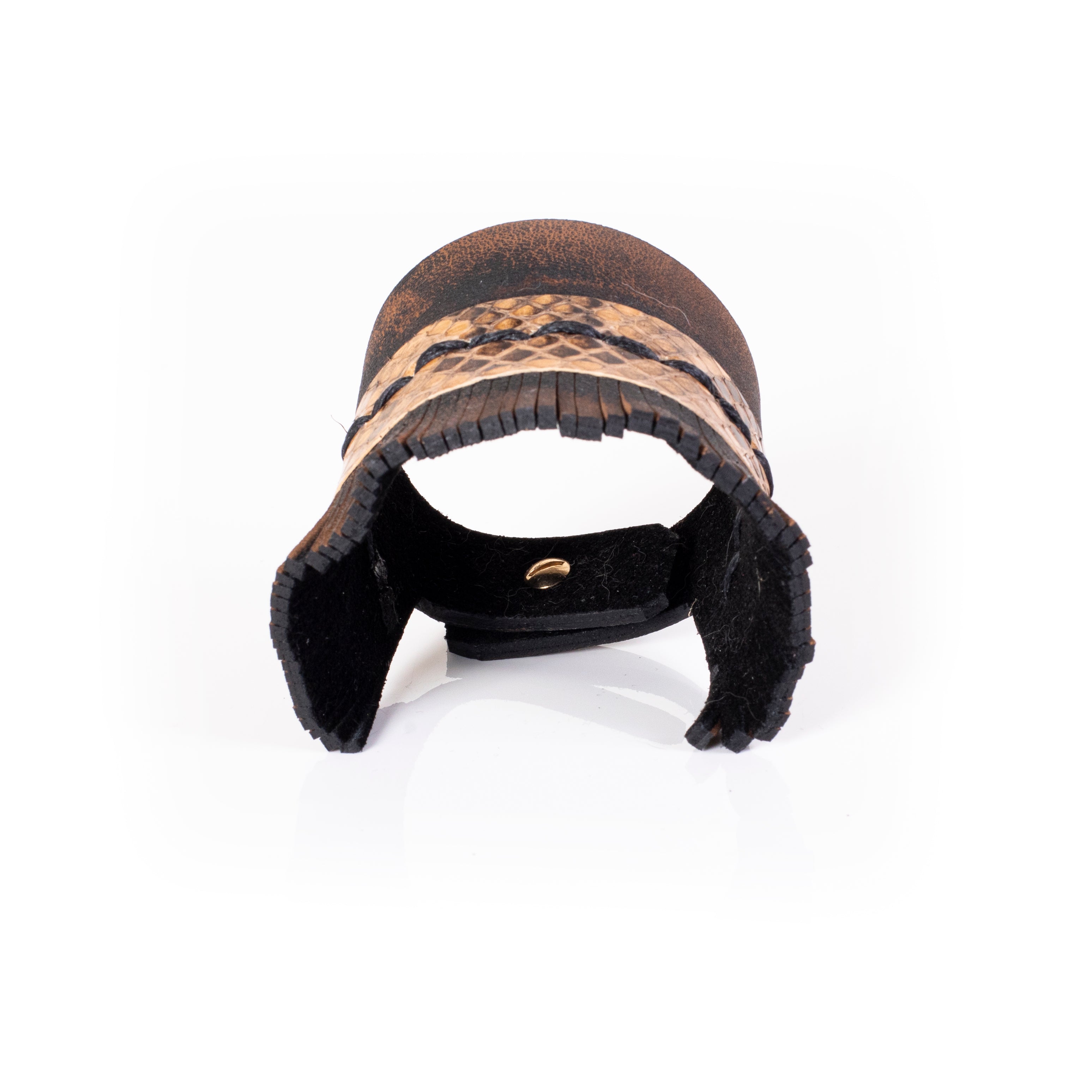Brown leather cuff bracelet with python textured panel, fringe edge and hand stitching, handcrafted wide statement bracelet for women by THE DARK