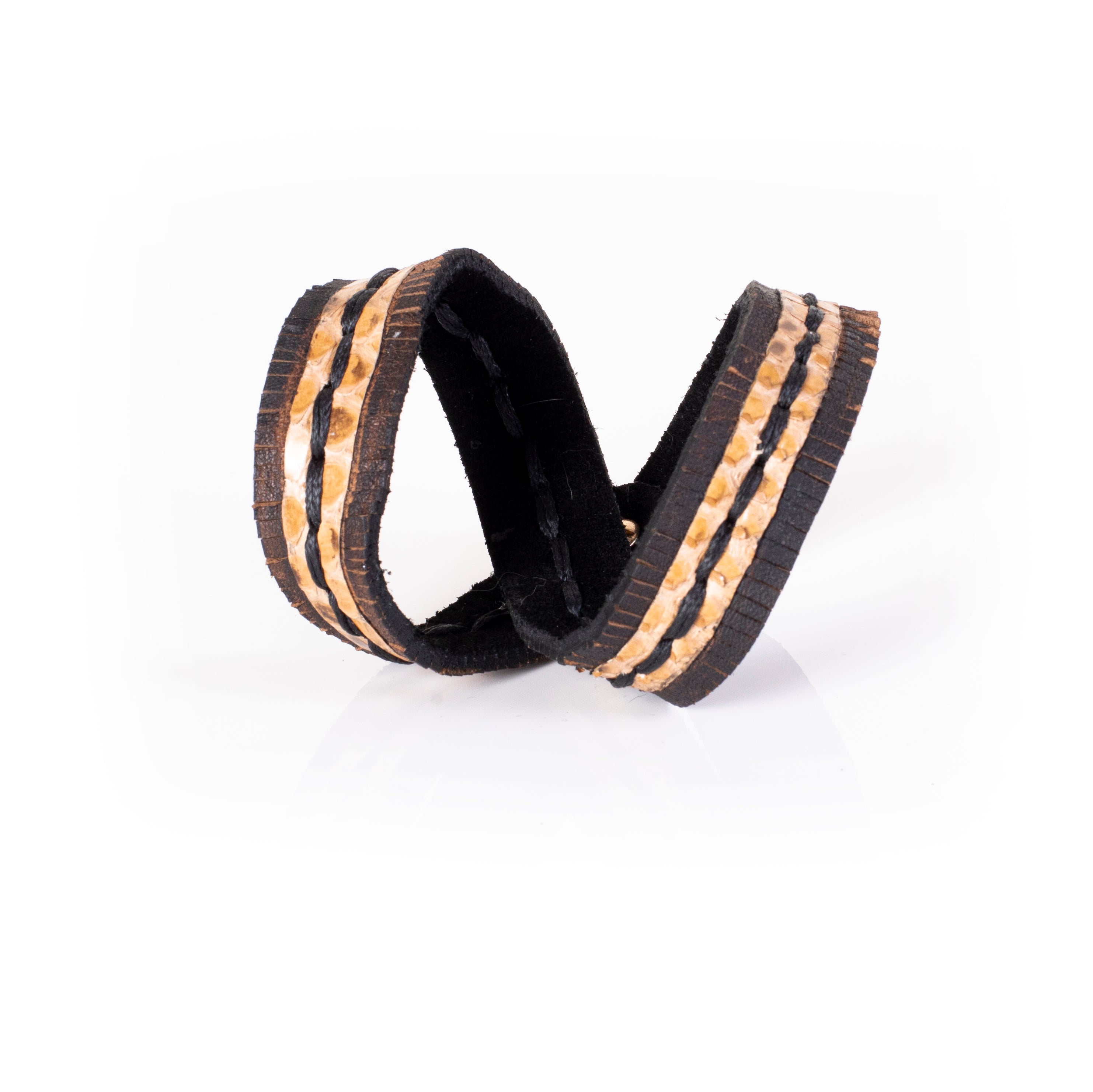 Brown leather double wrap bracelet with python inlay, hand stitching and fringe edges, handcrafted statement bracelet for women by THE DARK