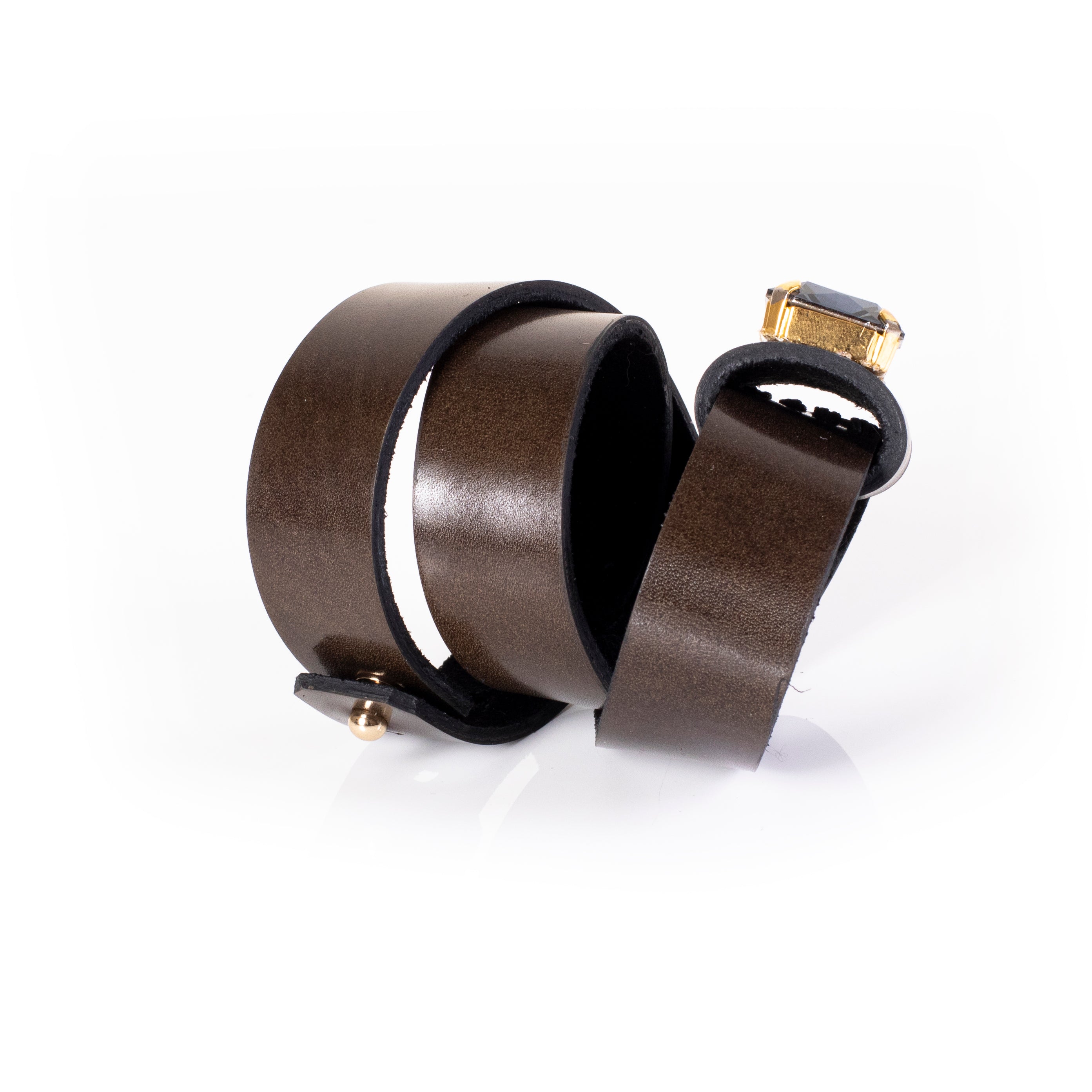 Brown leather wrap cuff bracelet with large crystal detail, handcrafted statement bracelet for women