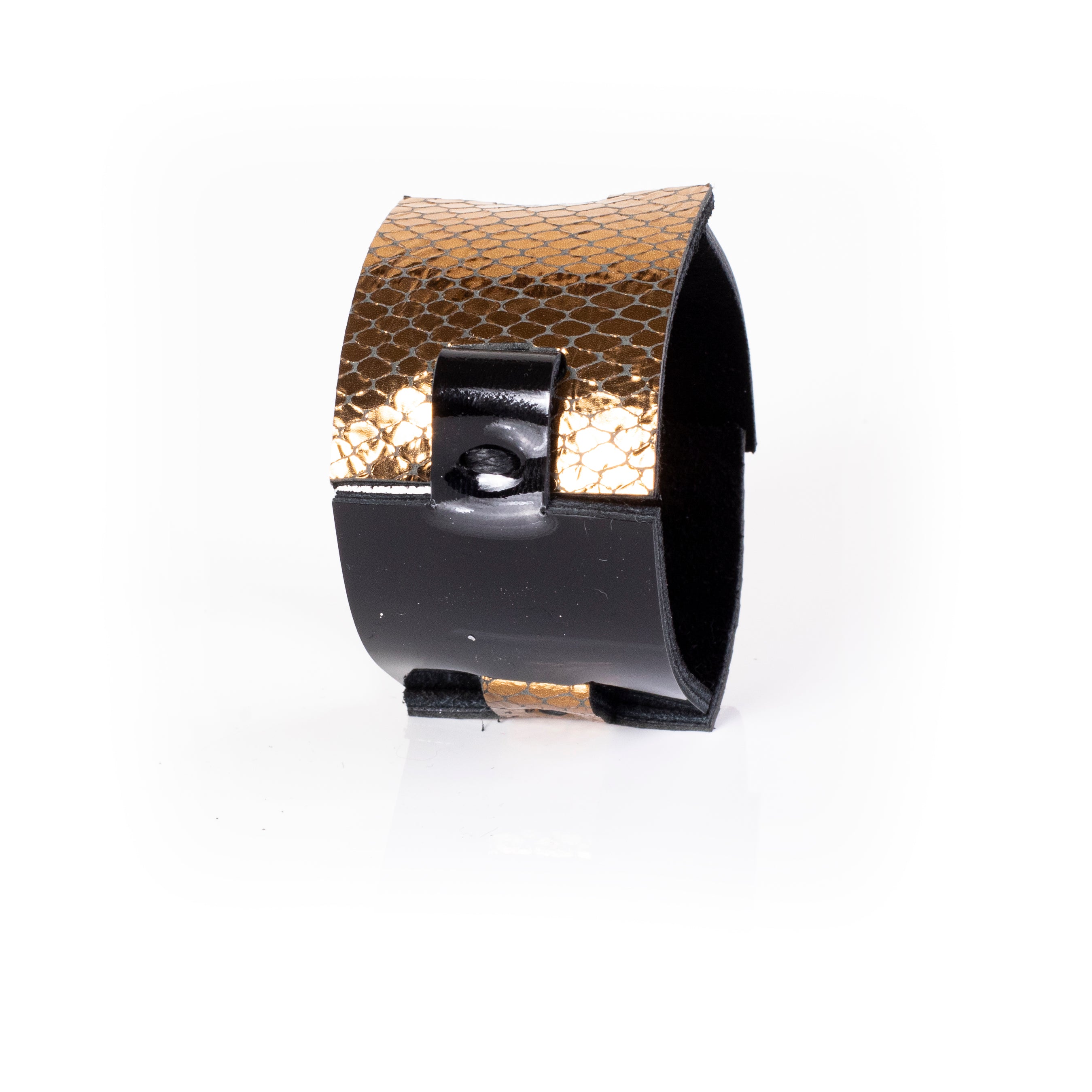 Black leather cuff bracelet with gold python textured panel and clean structured design, handcrafted wide statement bracelet for women by THE DARK
