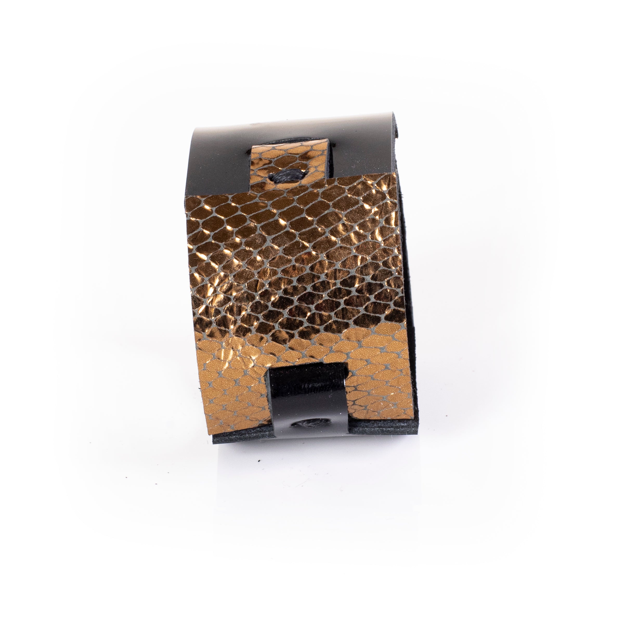Black leather cuff bracelet with gold python textured panel and clean structured design, handcrafted wide statement bracelet for women by THE DARK