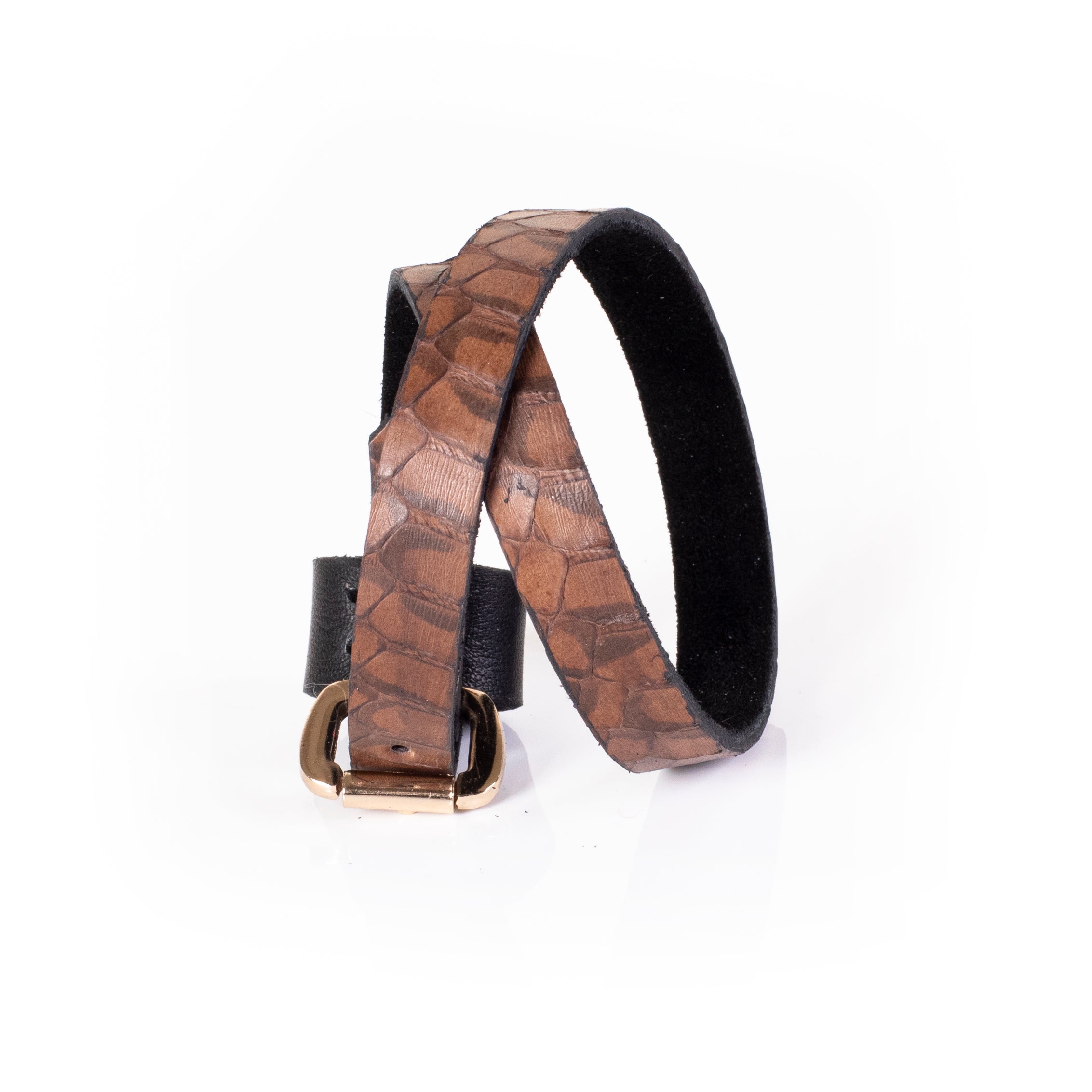 Brown textured leather cuff bracelet with reptile pattern and gold clasp, minimalist wide leather bracelet for women