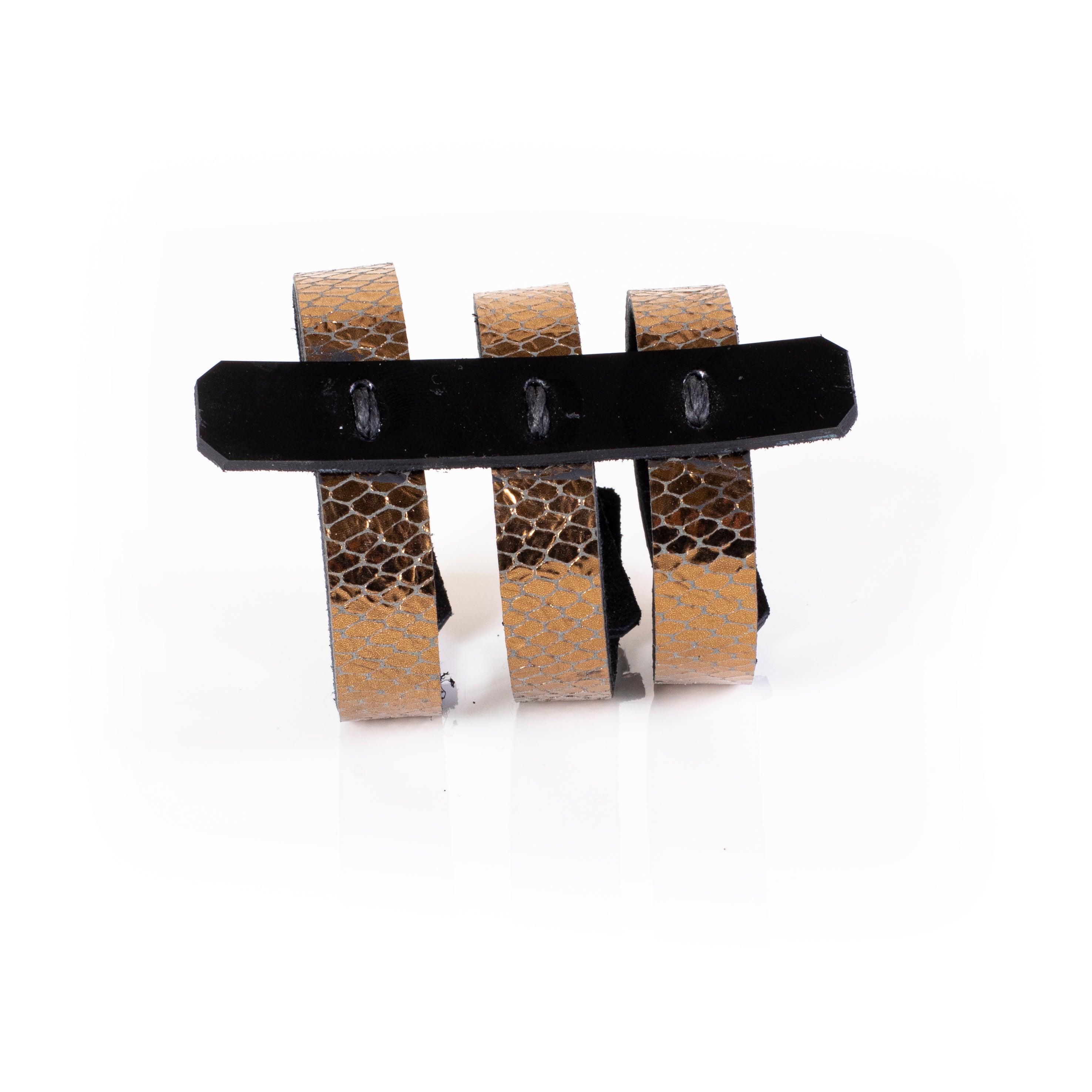 Gold python textured leather cuff bracelet with black leather top strap and multi-band design, handcrafted statement bracelet for women by THE DARK