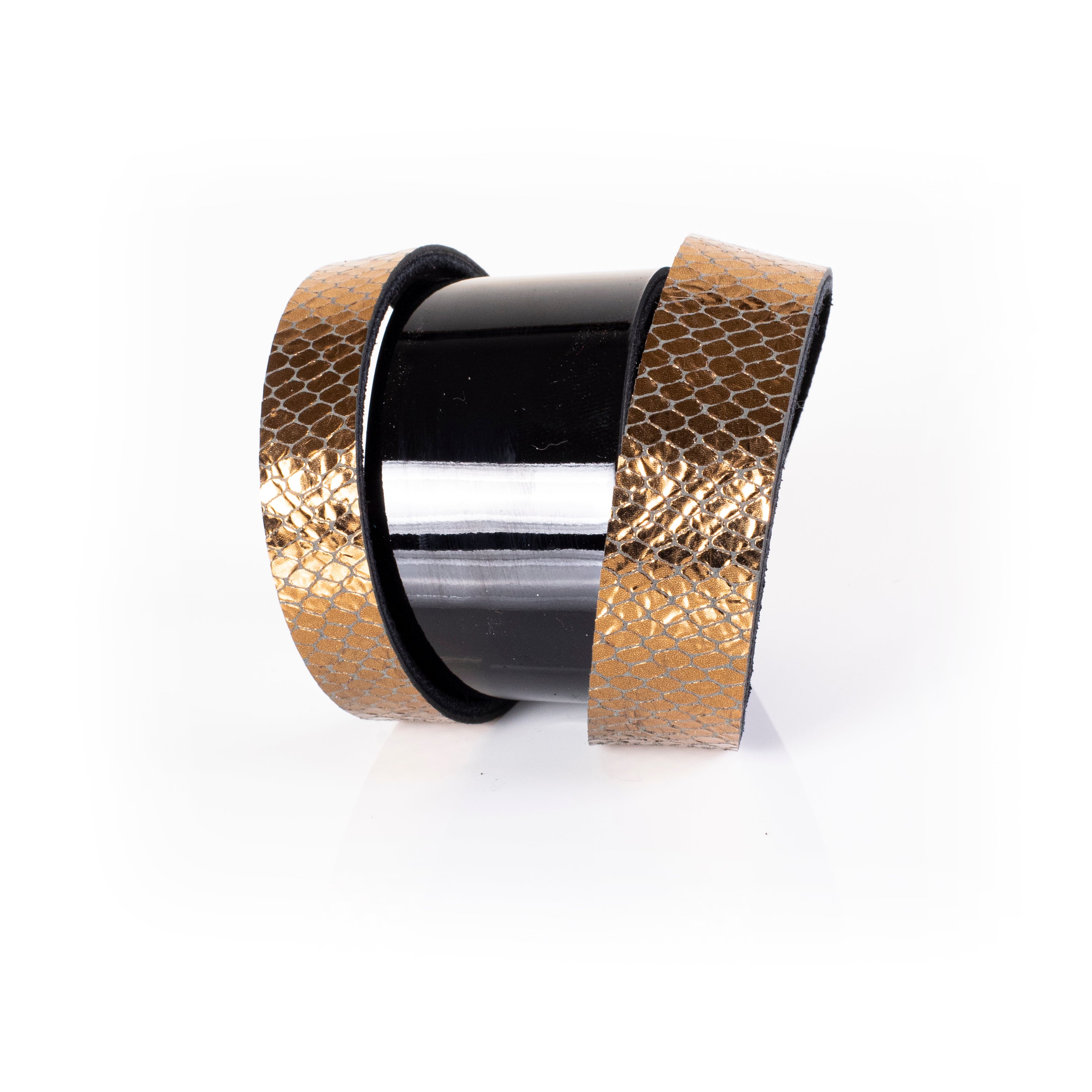 Black patent leather cuff bracelet with gold python textured side panels, wide handcrafted statement bracelet for women by THE DARK