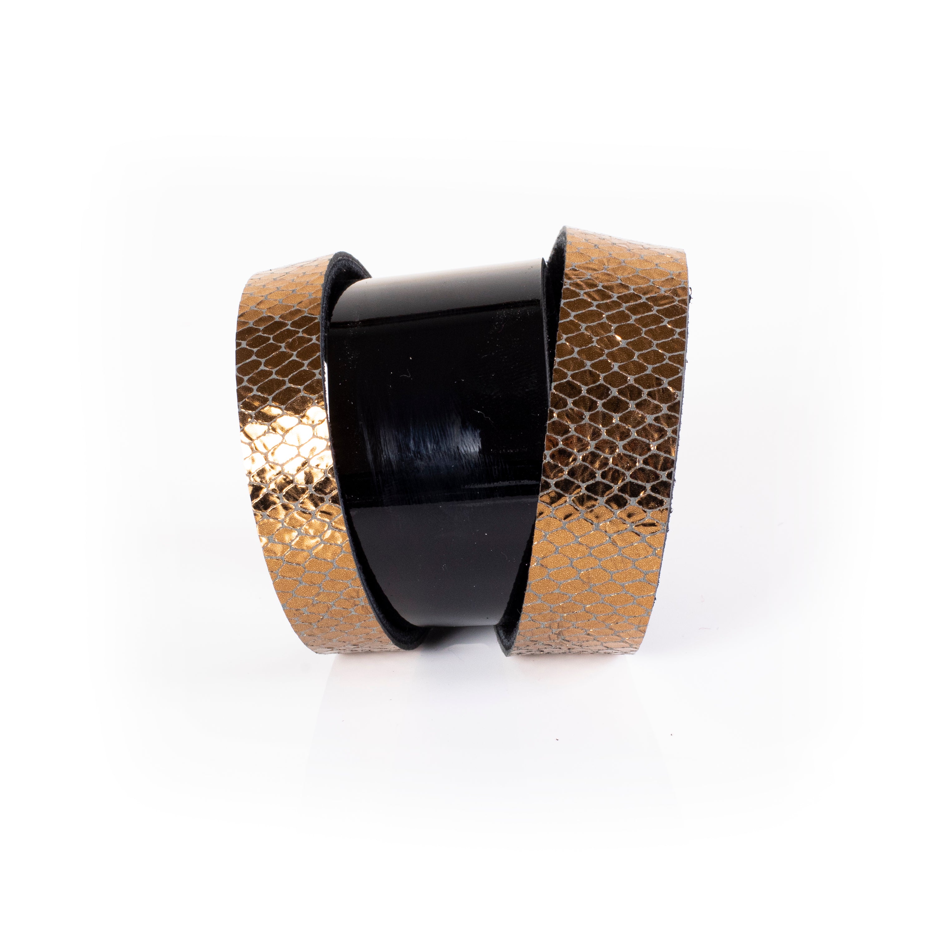 Black patent leather cuff bracelet with gold python textured side panels, wide handcrafted statement bracelet for women by THE DARK