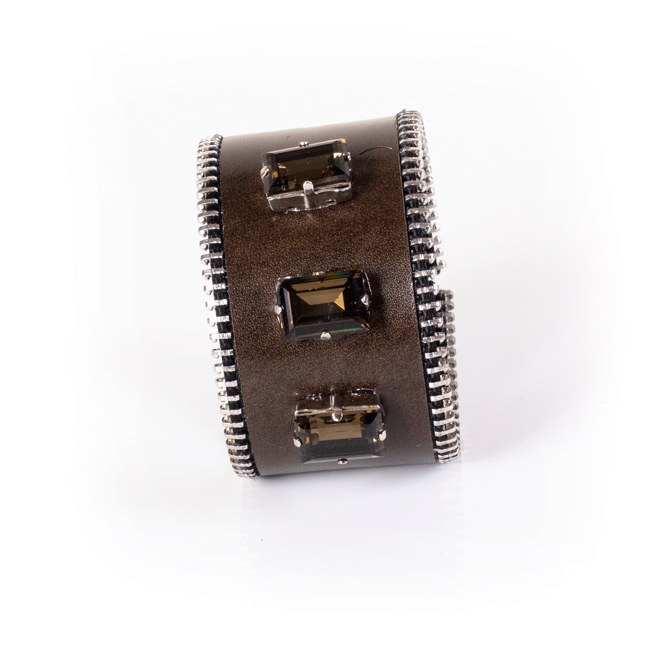 Brown leather cuff bracelet with rectangular crystal stones and zipper edges, wide statement bracelet for women