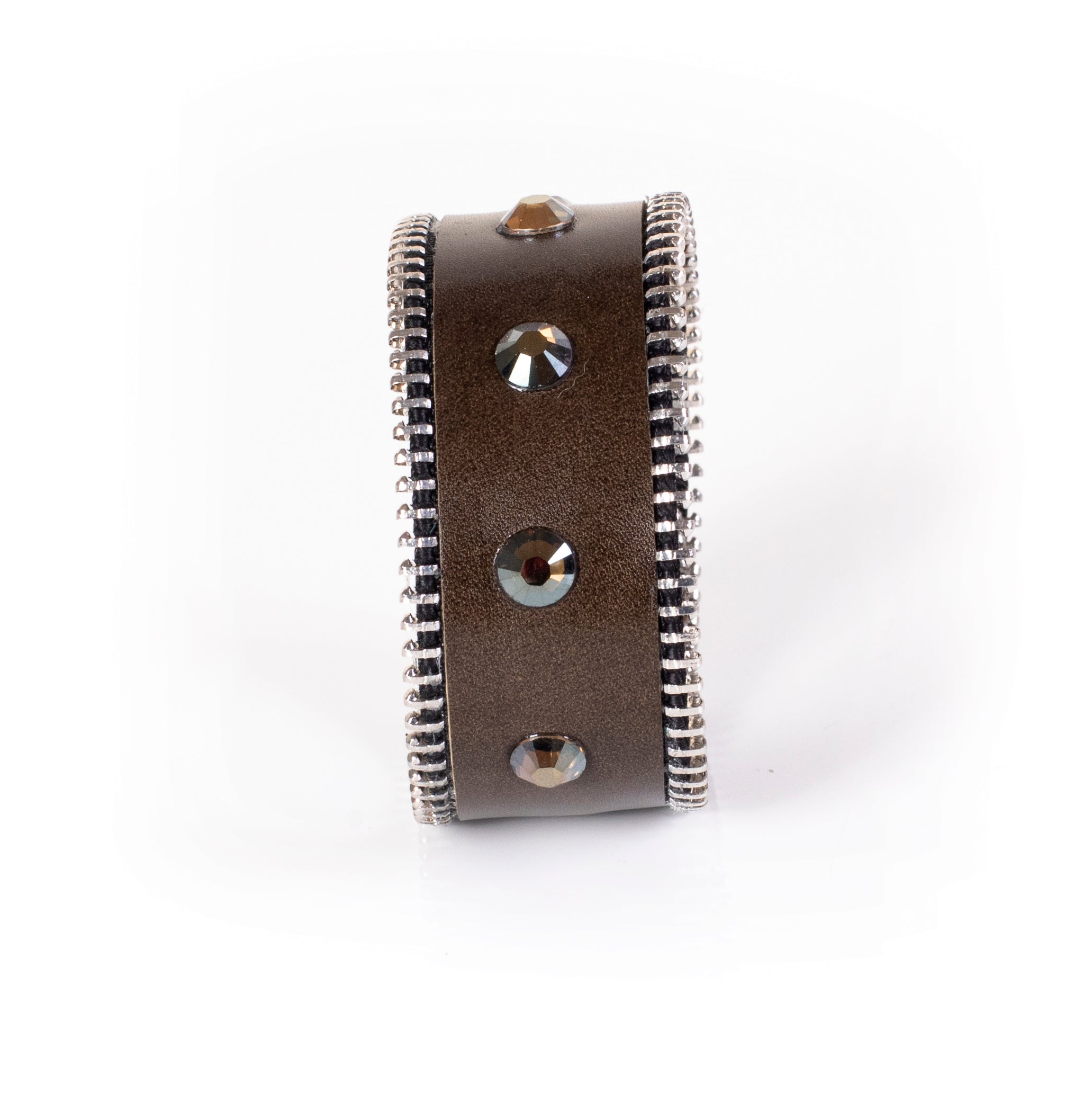 Brown Leather Cuff Bracelet with Crystal Studs & Zipper Edge – Wide Statement Bracelet