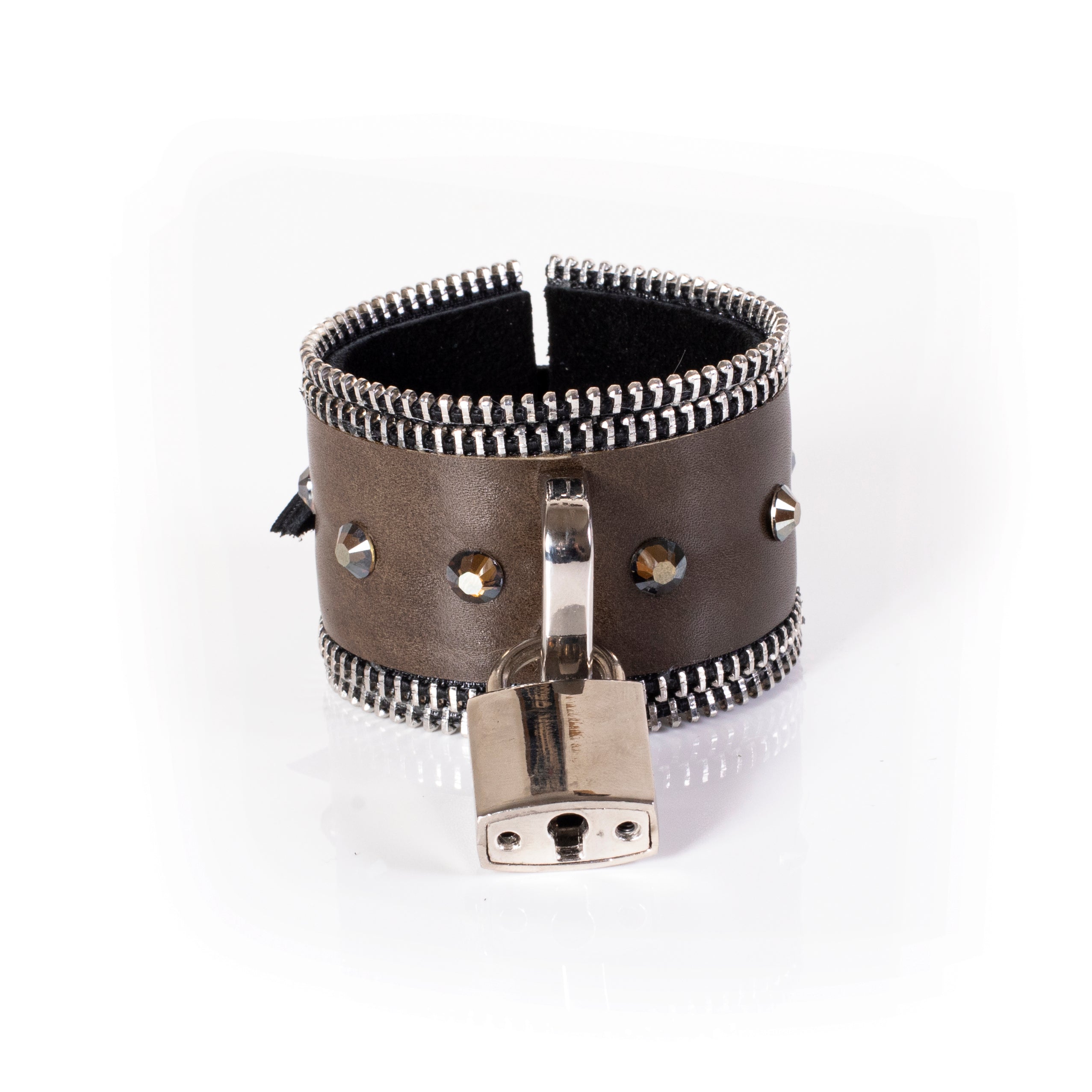 Brown leather cuff bracelet with zipper edges, crystal studs and padlock detail, edgy statement bracelet for women