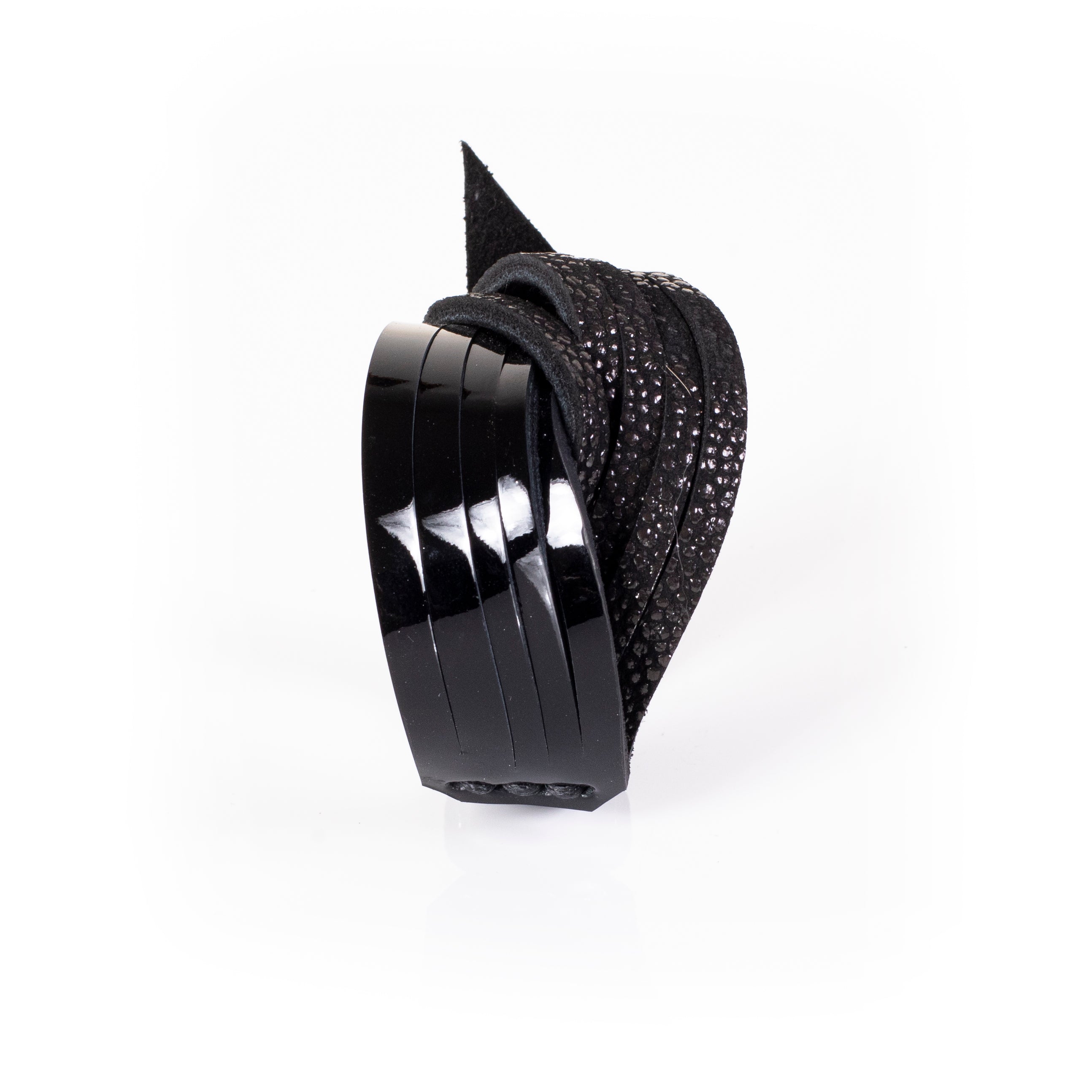 Black leather cuff bracelet with layered glossy strips and textured leather, wide statement bracelet for women