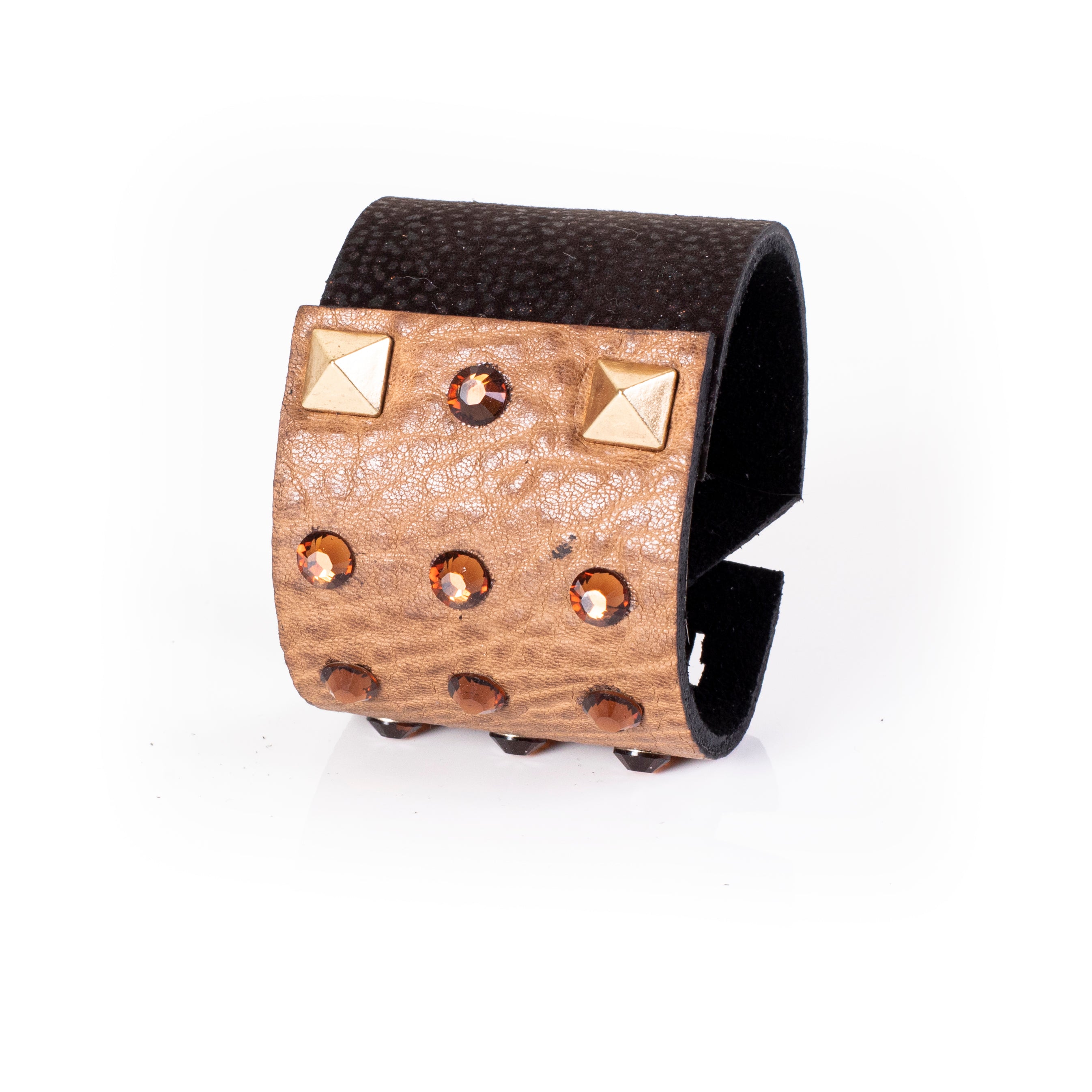 Brown leather cuff bracelet with amber crystals and gold stud accents, wide layered handcrafted statement piece