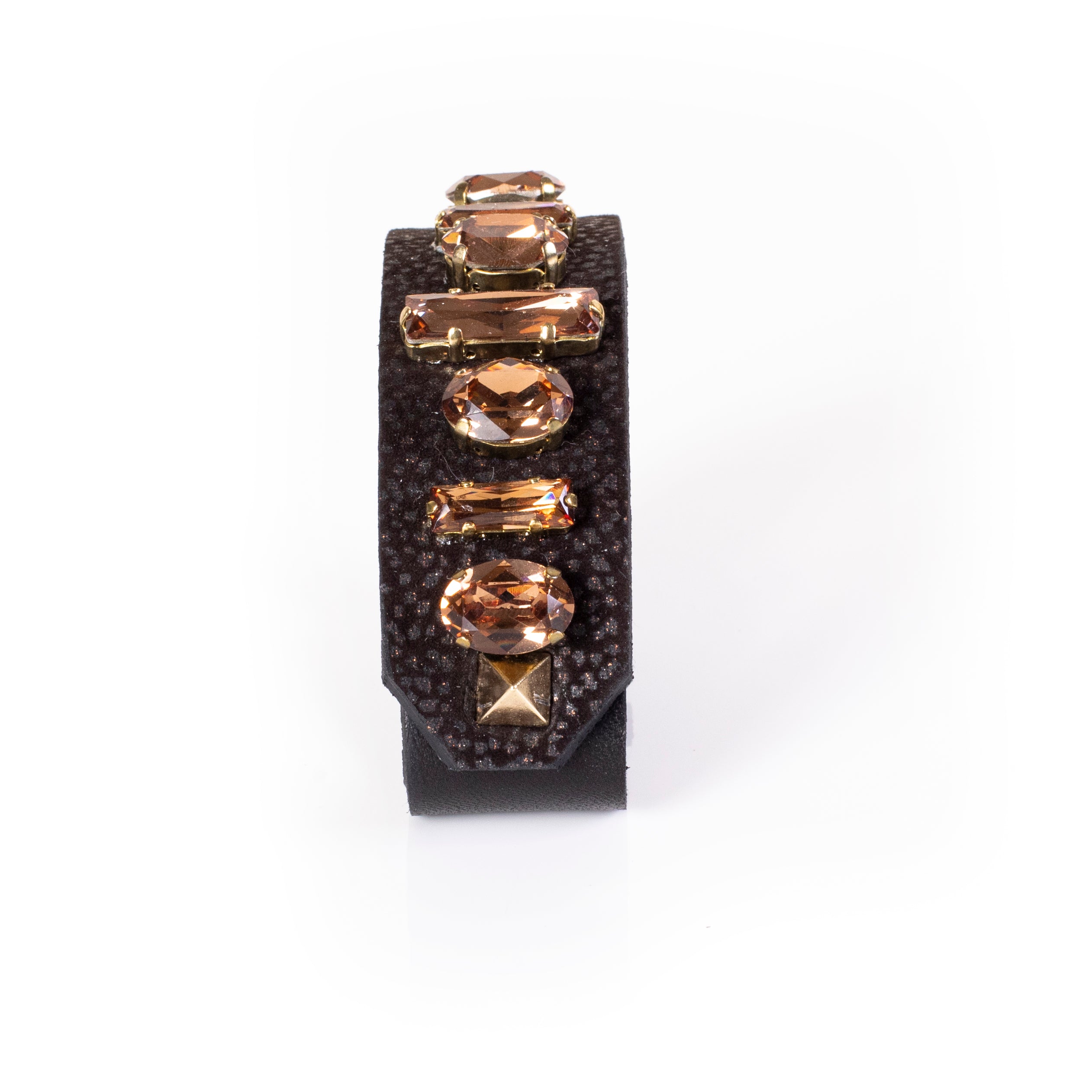 Black textured leather cuff bracelet with champagne crystal stones and gold bar detail, wide handcrafted statement bracelet for women