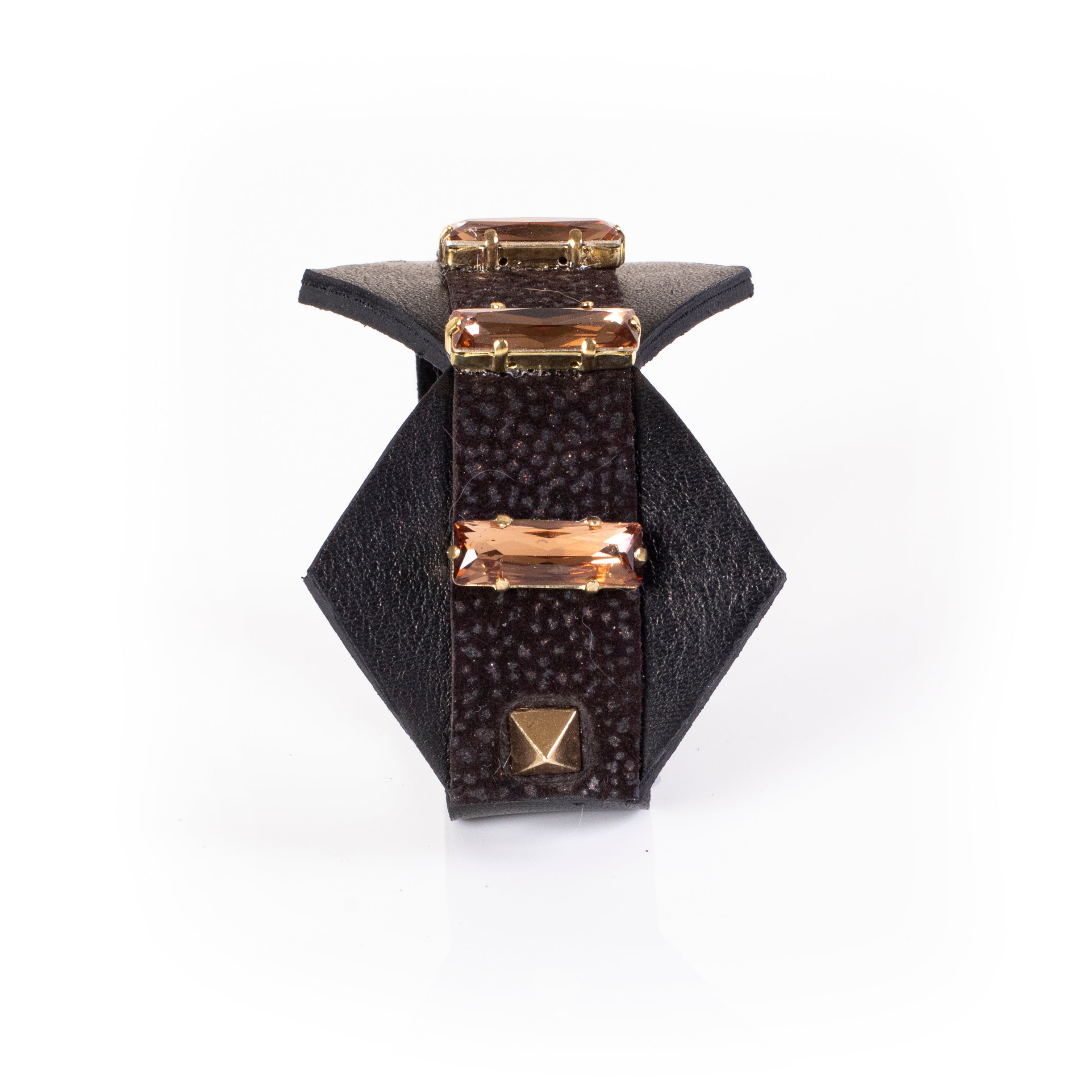 Black textured leather cuff bracelet with champagne rectangular crystals and gold stud detail, wide handcrafted statement bracelet for women
