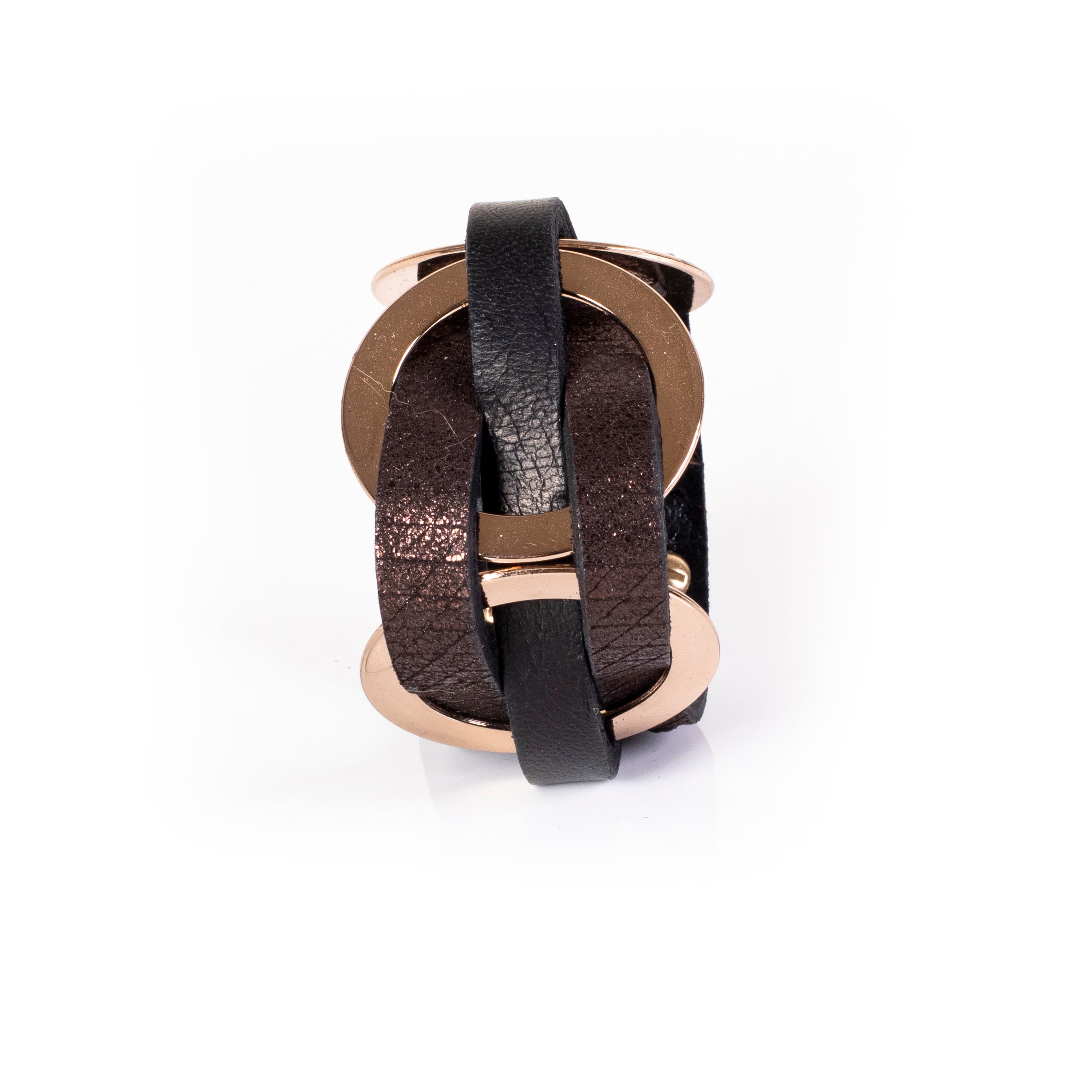 Black and brown leather cuff bracelet with gold rings, layered statement bracelet for women