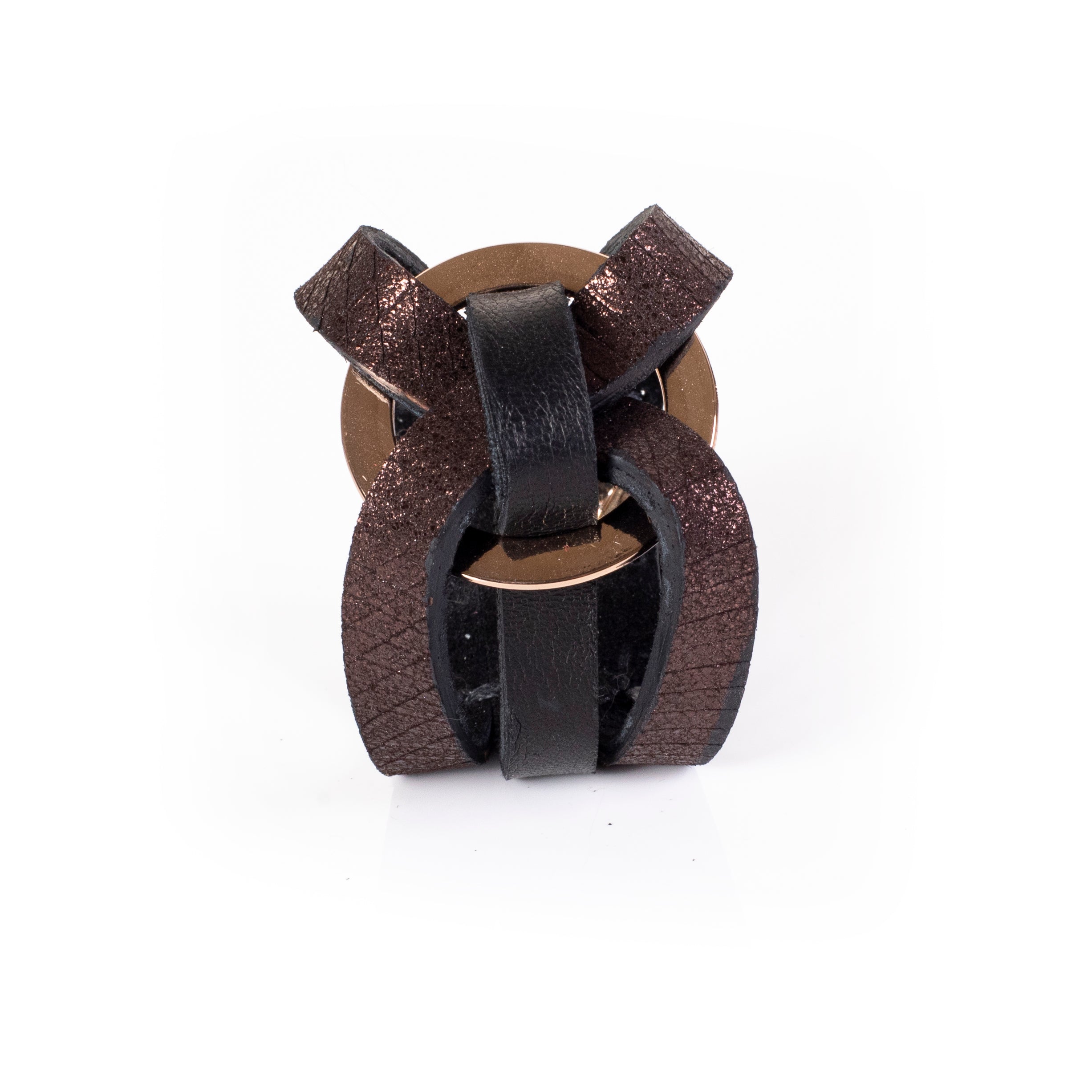 Brown metallic and black leather bracelet with interwoven straps and gold ring detail, edgy layered cuff bracelet for women