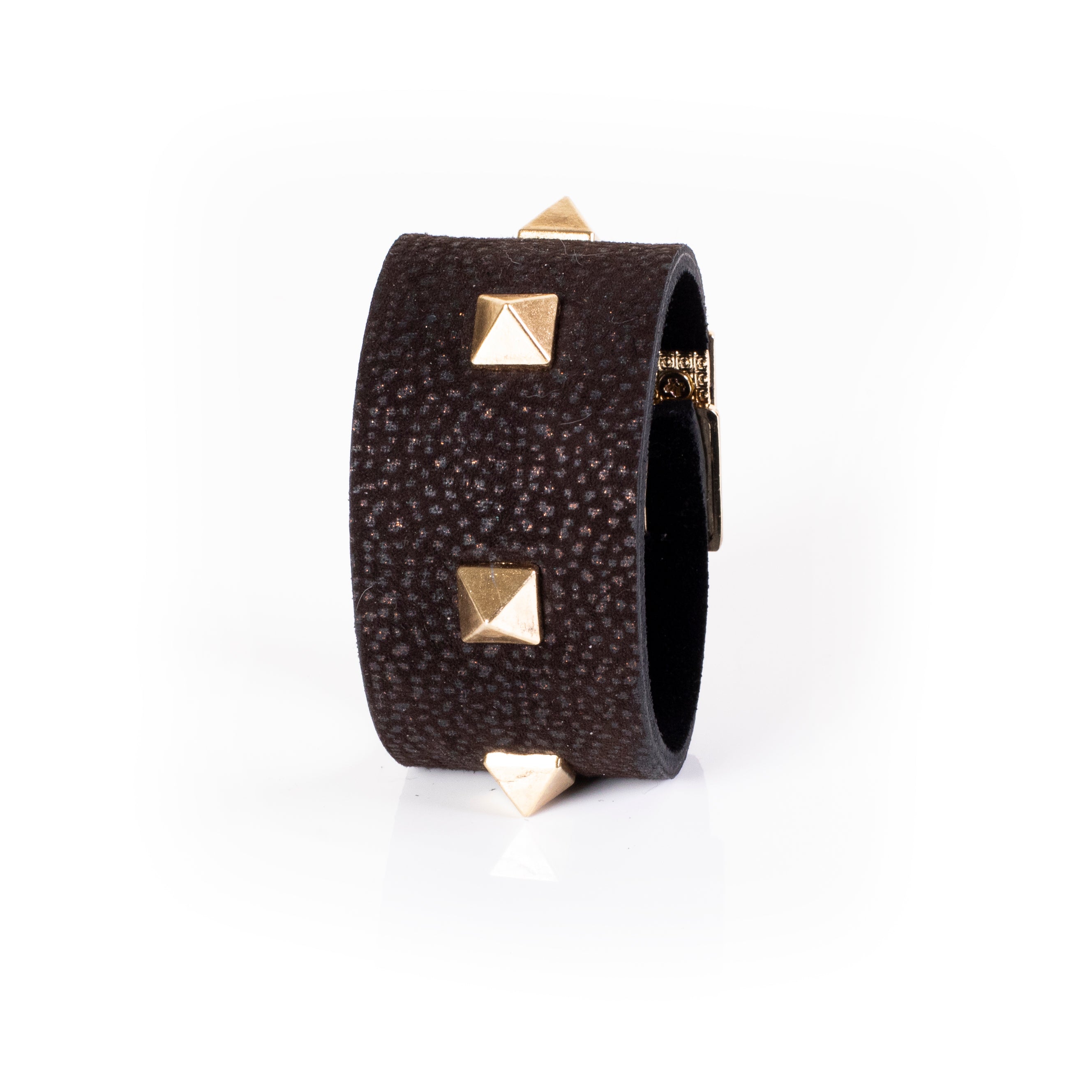 Black textured leather cuff bracelet with gold plate detail and pyramid studs, handcrafted wide statement bracelet for women