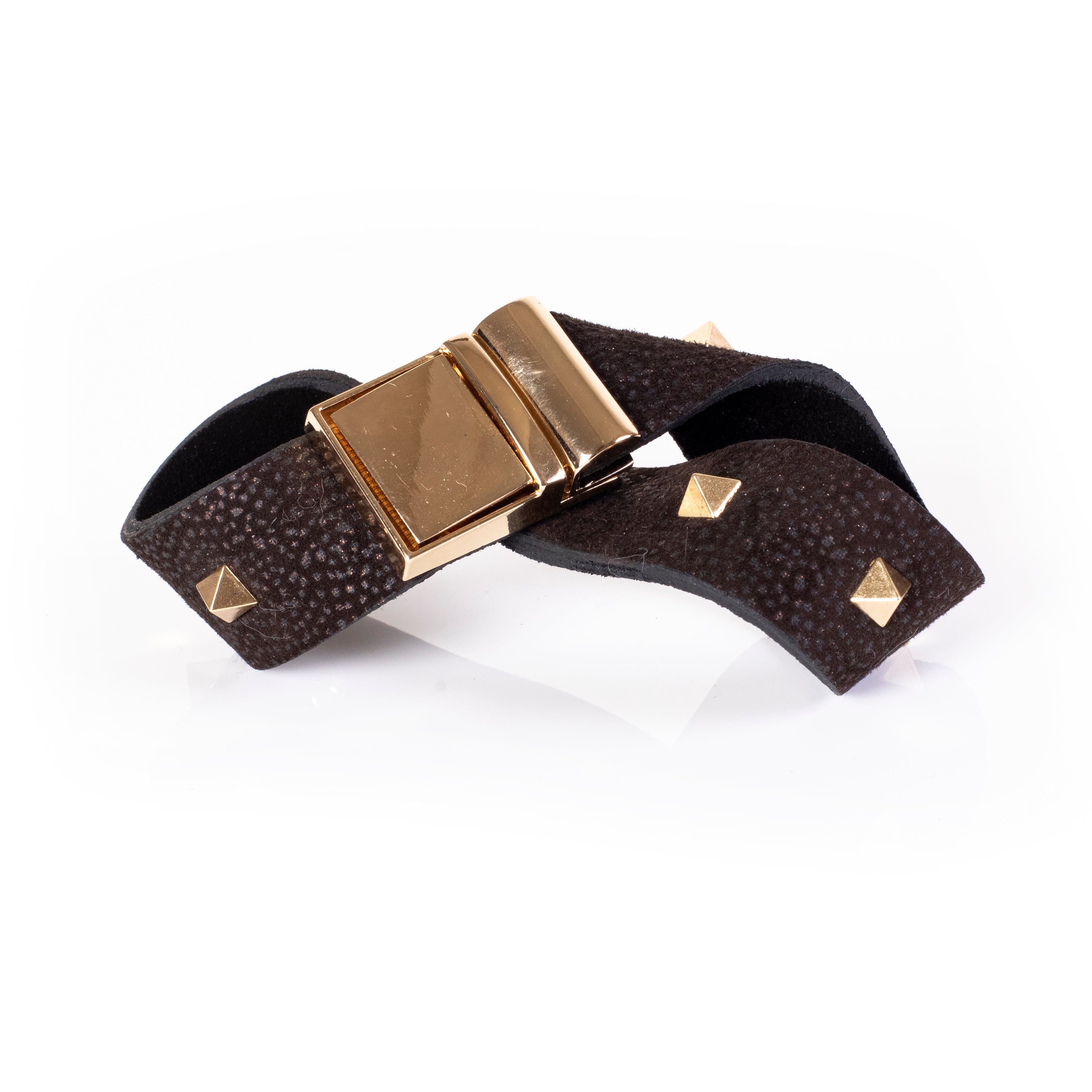 Black textured leather cuff bracelet with gold clasp and pyramid studs, handcrafted wide statement bracelet for women