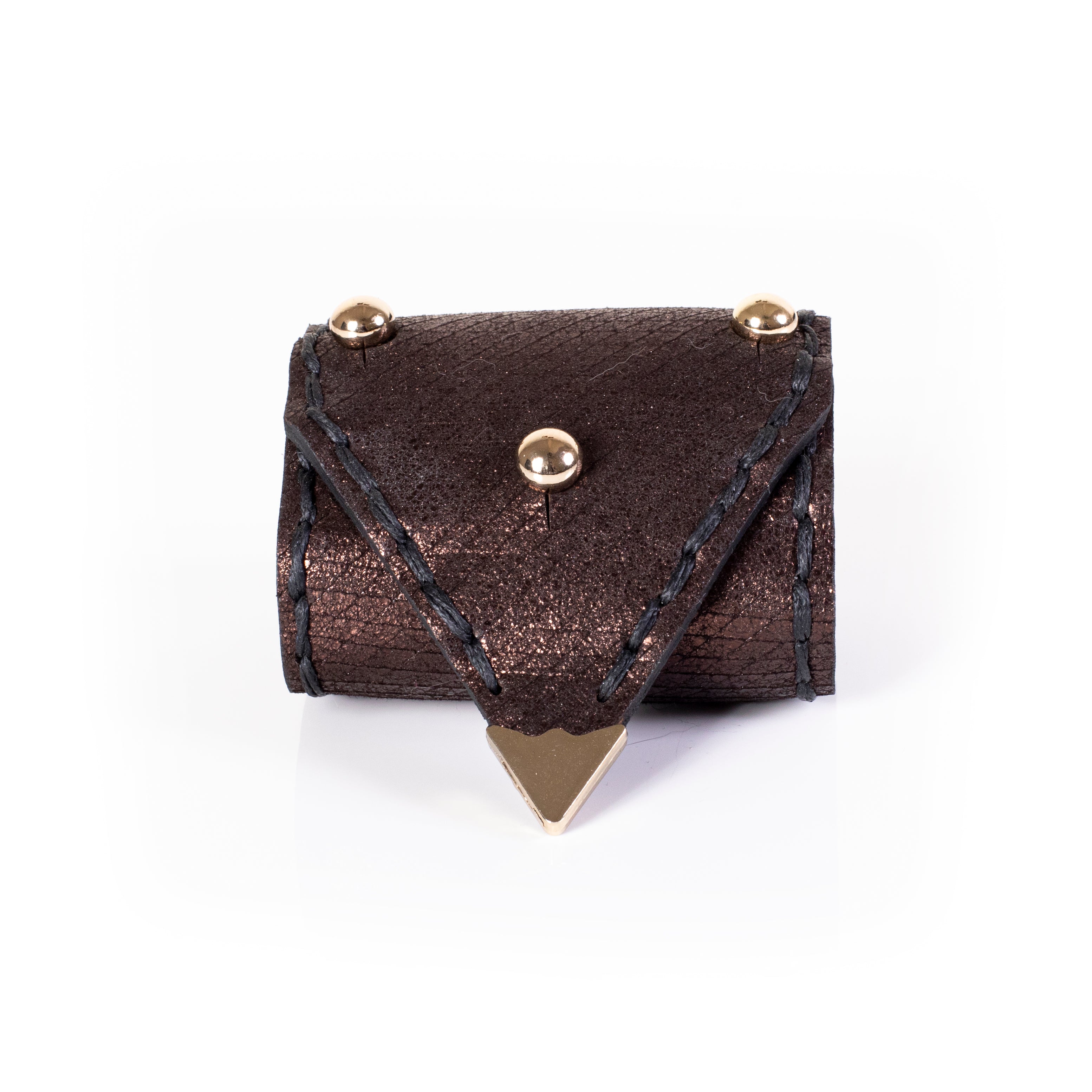 Metallic brown leather cuff bracelet with triangle detail and gold studs, handcrafted statement bracelet for women