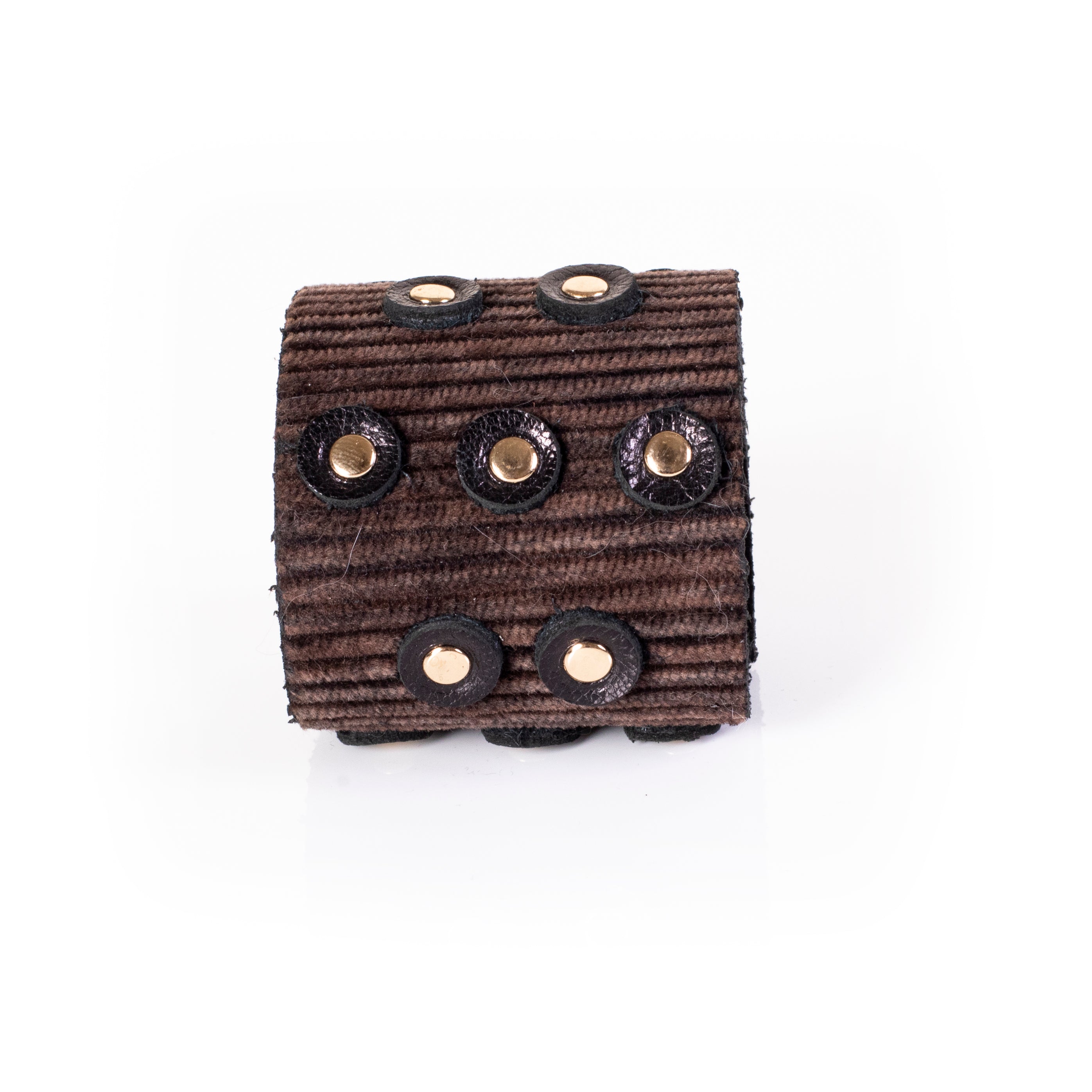 Brown ribbed leather wide cuff bracelet with multiple gold stud accents, handcrafted textured statement piece for women