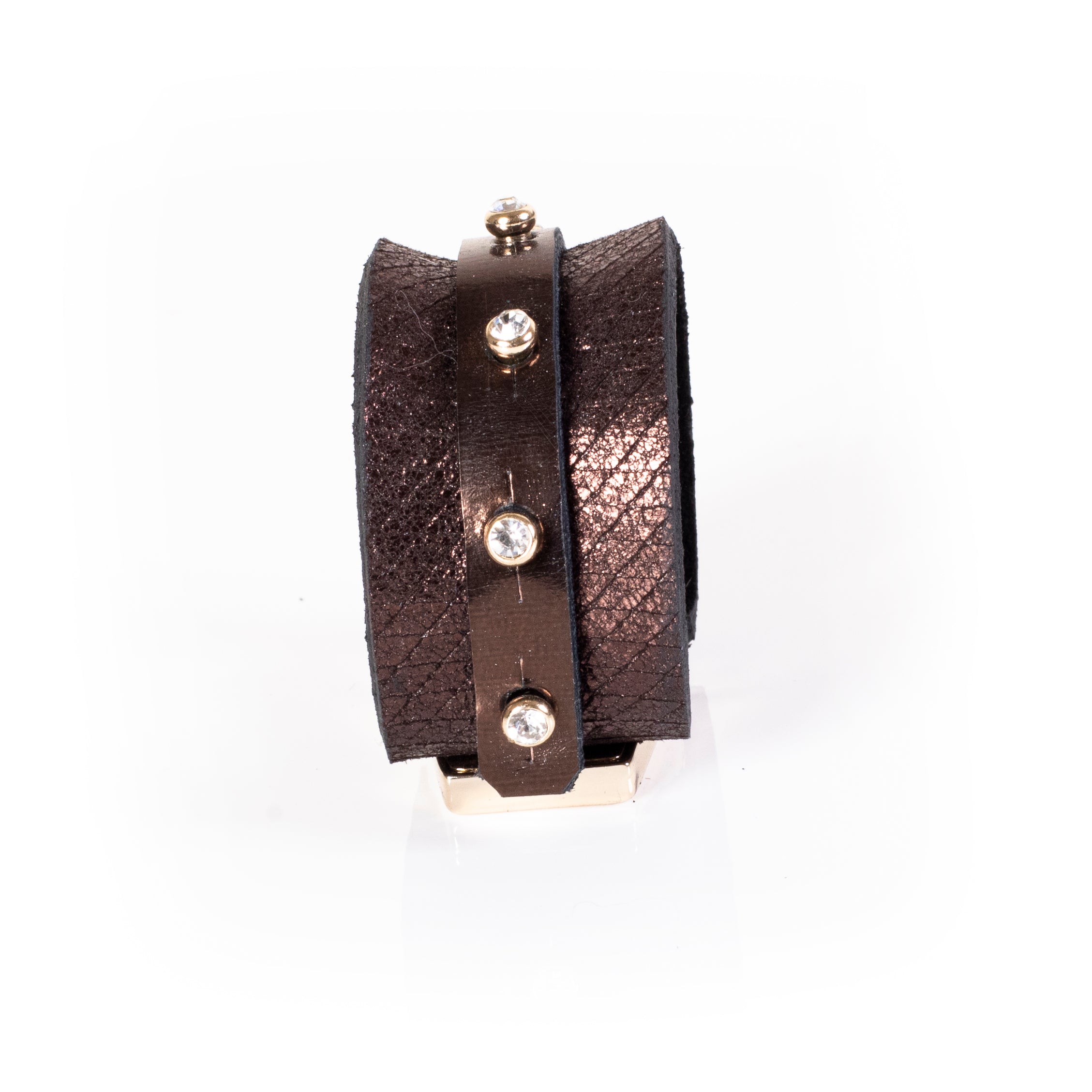 Brown metallic leather cuff bracelet with crystal studs and gold strip detail, handcrafted wide statement bracelet for women