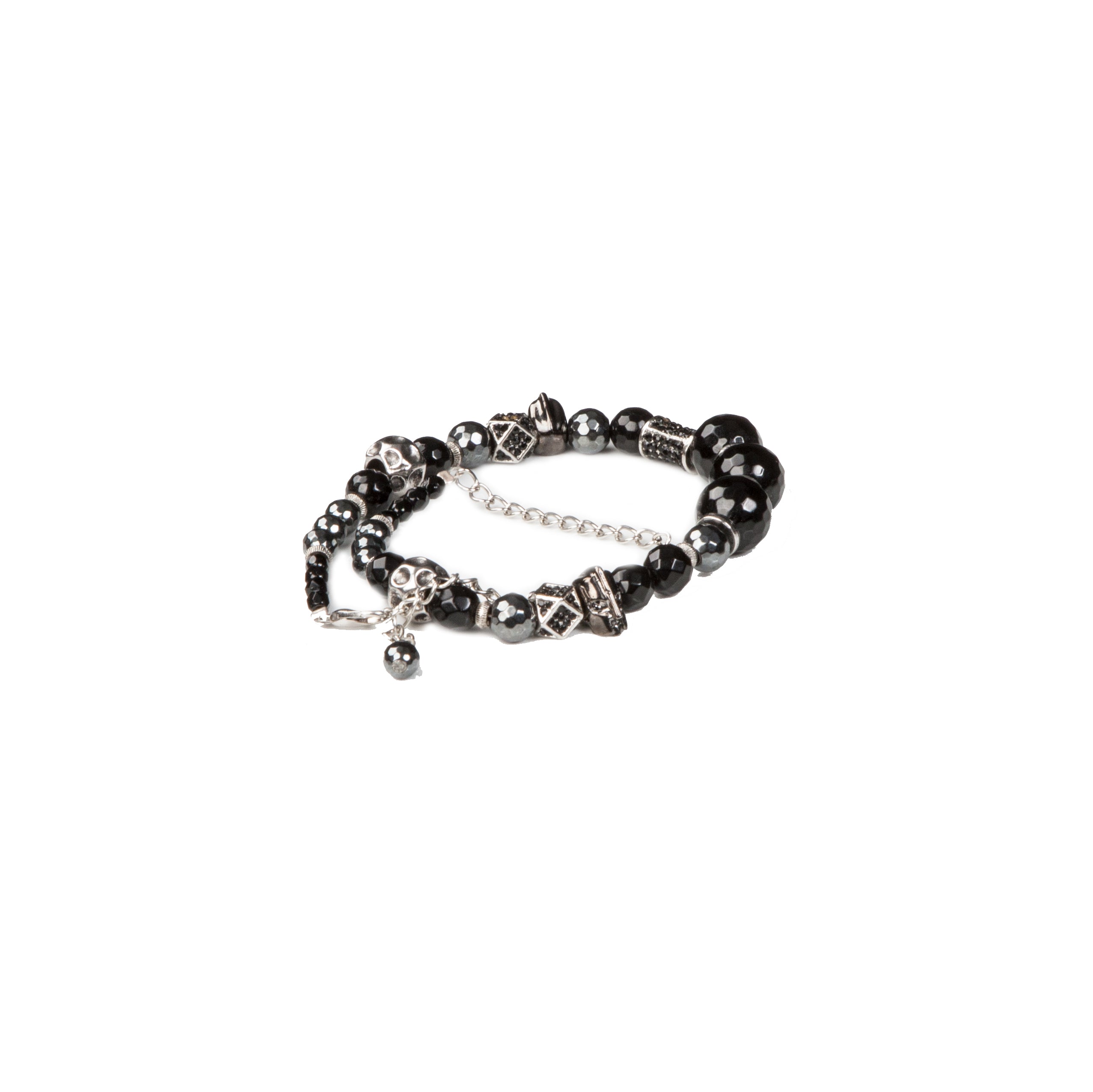 Black crystal beaded bracelet with silver skull charms, smoky marbled stones, and chain accents on white background